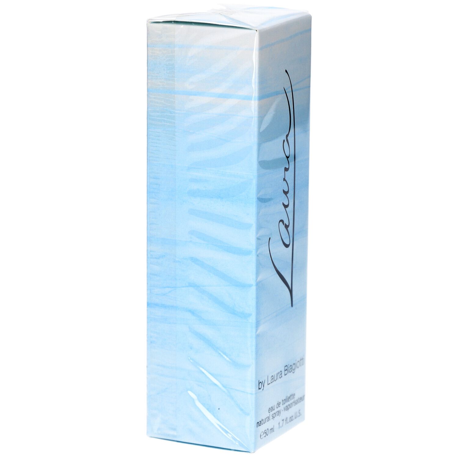 Laura Eau de Toilette-Box. Hellblaue Verpackung mit 'Laura'-Schriftzug.