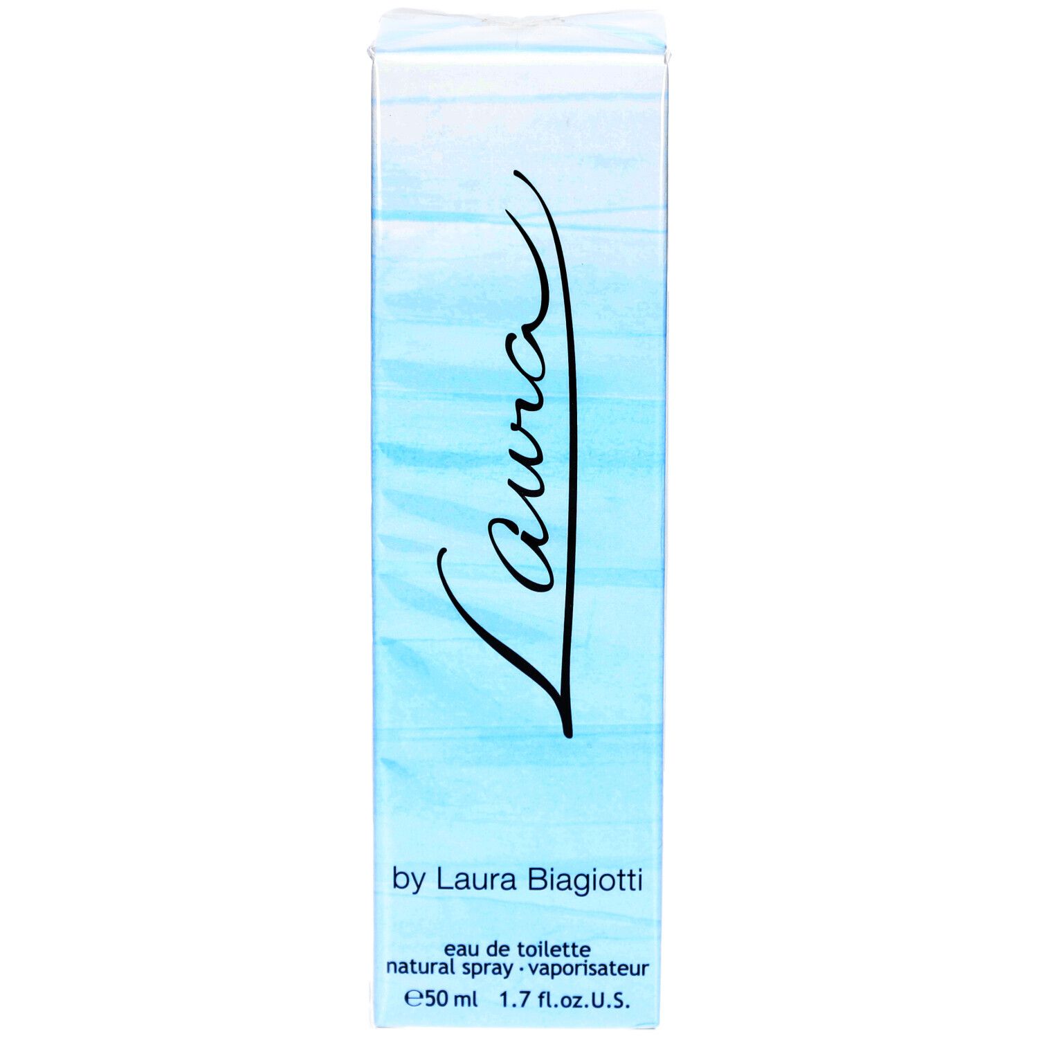 Laura Eau de Toilette-Box. Hellblaue Verpackung mit 'Laura'-Schriftzug.