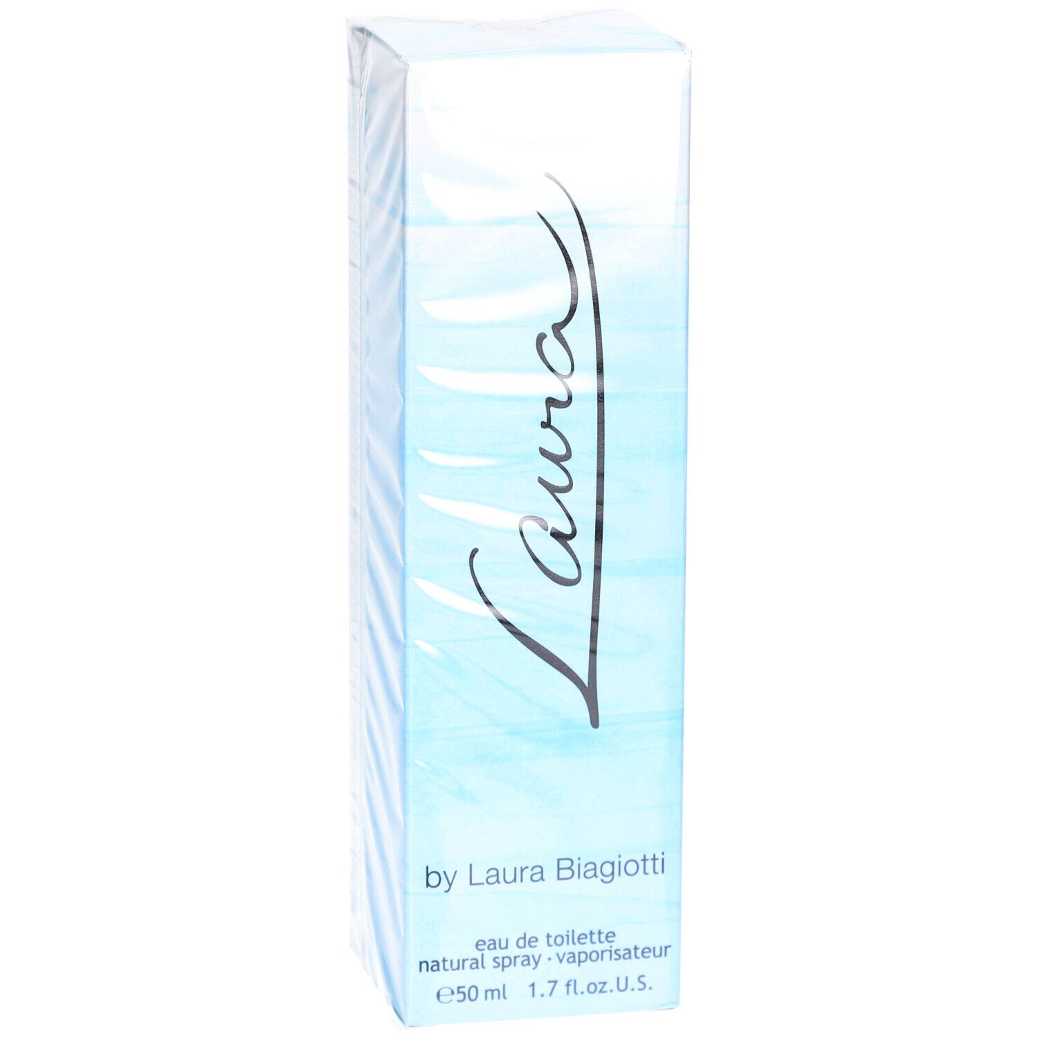 Laura Eau de Toilette-Box. Hellblaue Verpackung mit 'Laura'-Schriftzug.