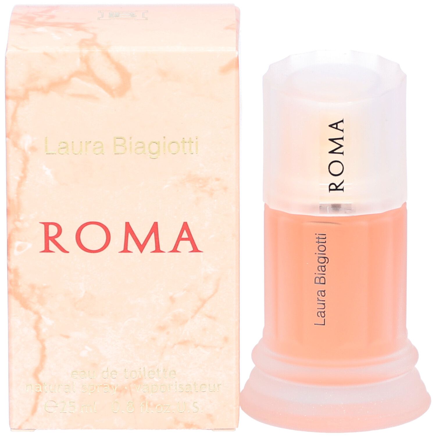 Parfümflasche und Schachtel. Auf der Flasche steht „ROMA“. Auf der Schachtel steht „Laura Biagiotti“ und „ROMA“.