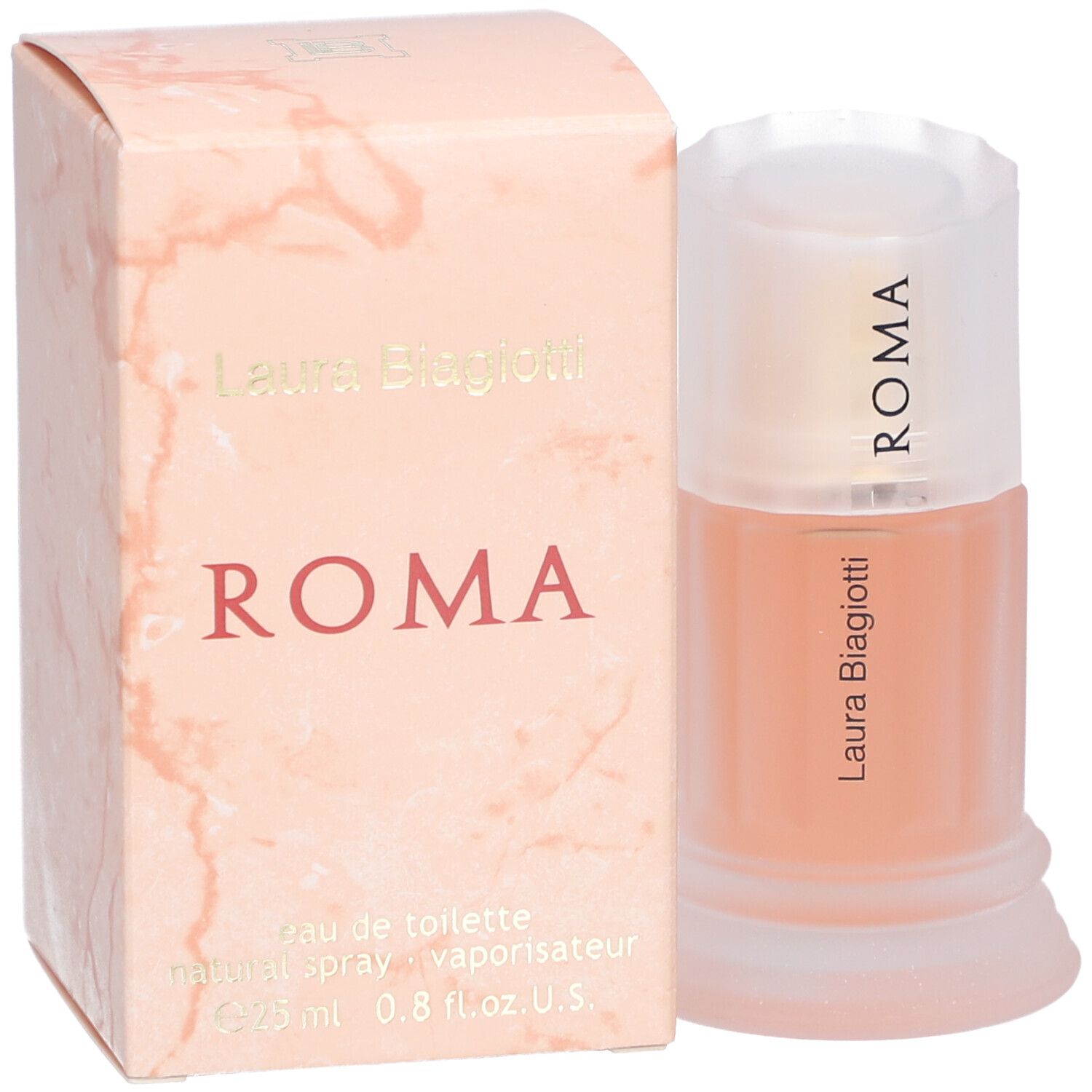 Parfümflasche und Schachtel. Auf der Flasche steht „ROMA“. Auf der Schachtel steht „Laura Biagiotti“ und „ROMA“.