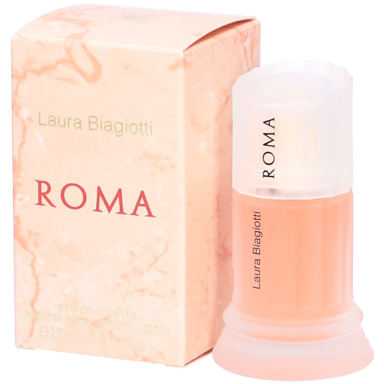 Parfümflasche und Schachtel. Auf der Flasche steht „ROMA“. Auf der Schachtel steht „Laura Biagiotti“ und „ROMA“.