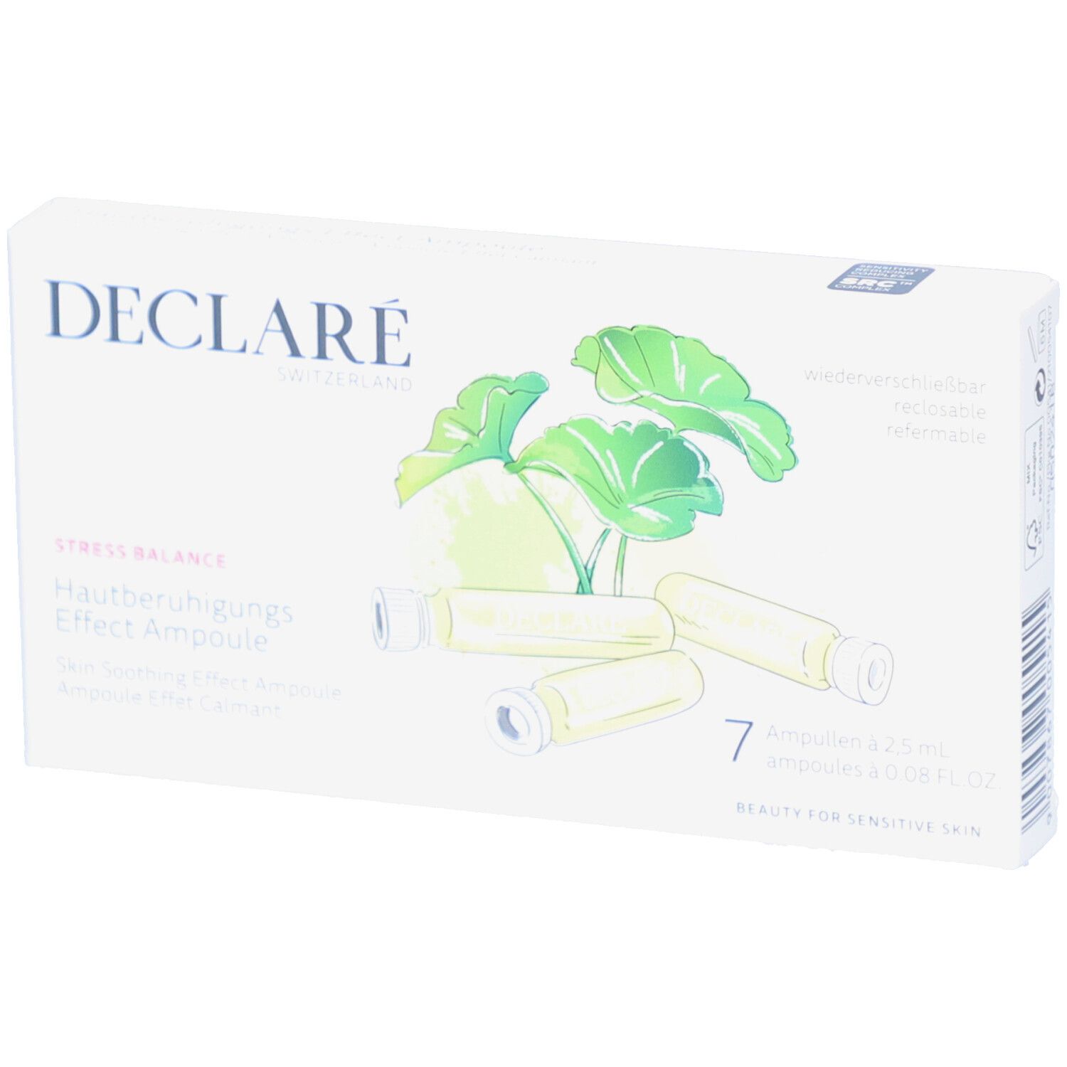 Weißer Karton mit DECLARÉ-Logo und Ampullen-Abbildung. Text: Stress Balance, Hautberuhigungs-Effect Ampulle. 7 Ampullen.