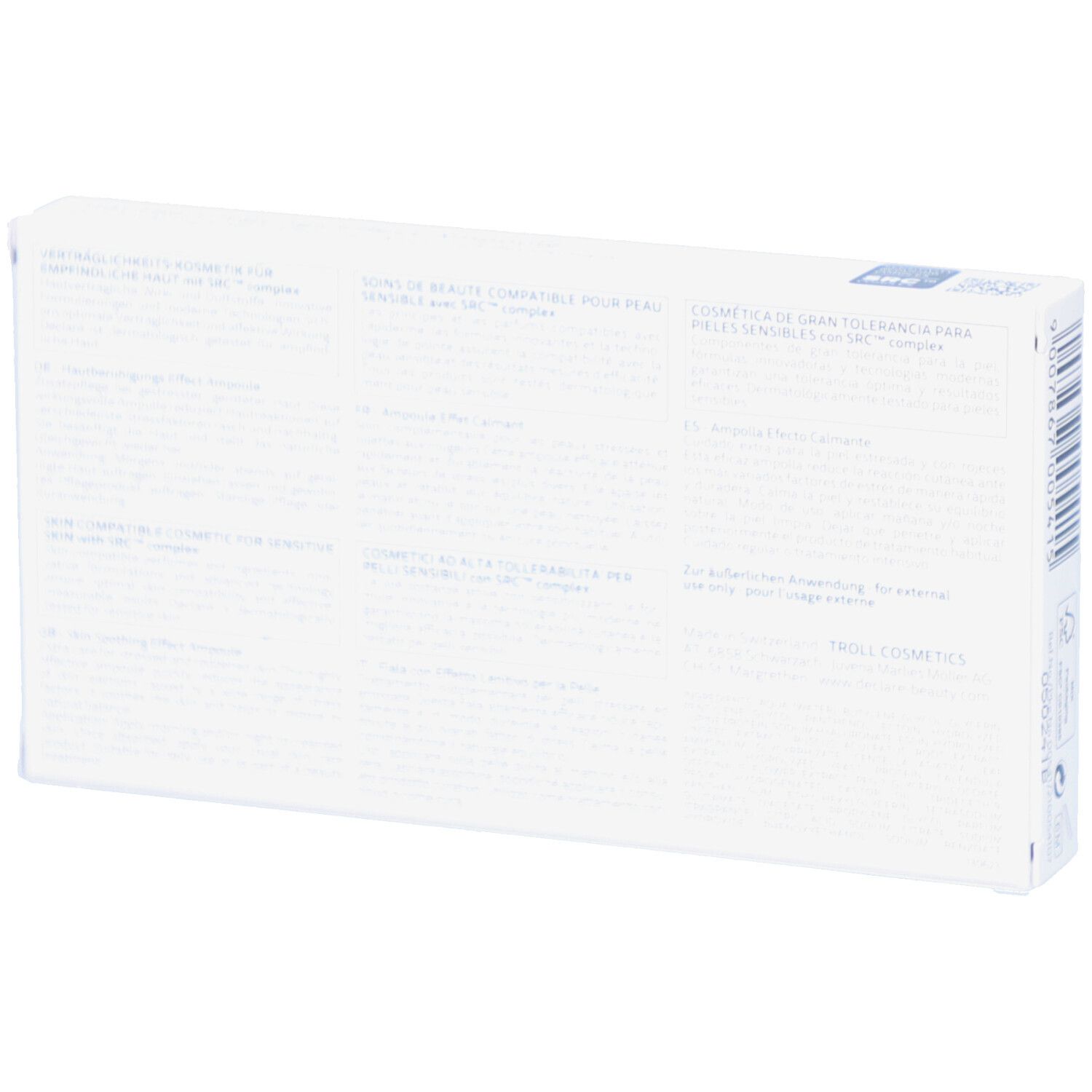 Rückseite des weißen Kartons. Text in mehreren Sprachen. Informationen zu Inhaltsstoffen und Anwendung.