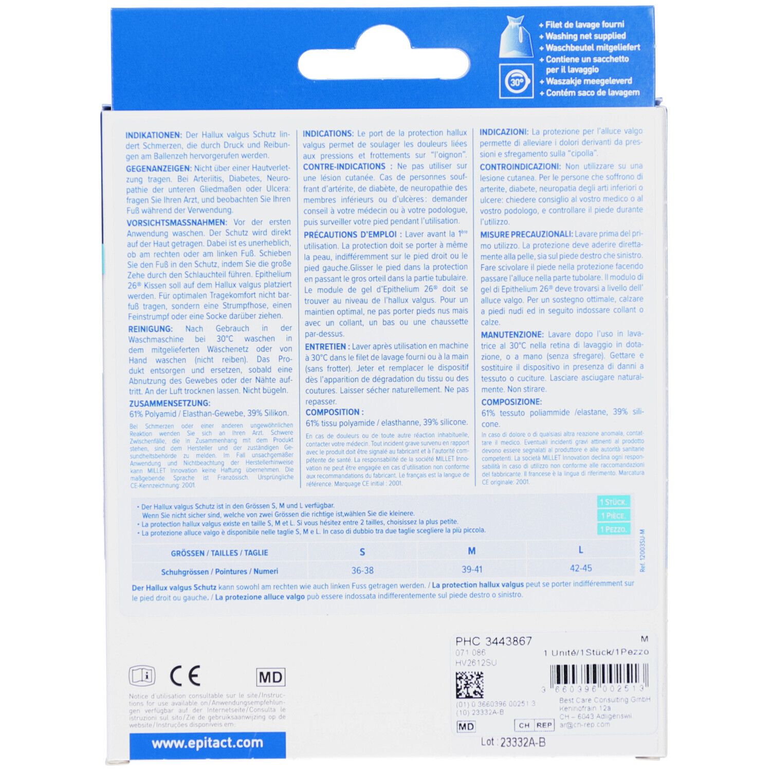 Rückseite der Verpackung. Text in Deutsch, Französisch und Italienisch. Größenangaben: S, M, L. CE-Kennzeichnung. Epitact®-Logo. QR-Code.