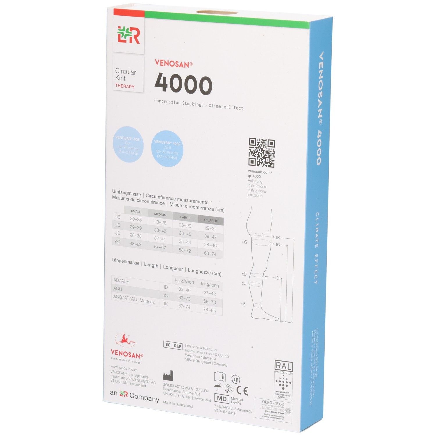 VenoSan 4000 Kompressionsstrümpfe Verpackung mit Größentabelle und anatomischer Darstellung.