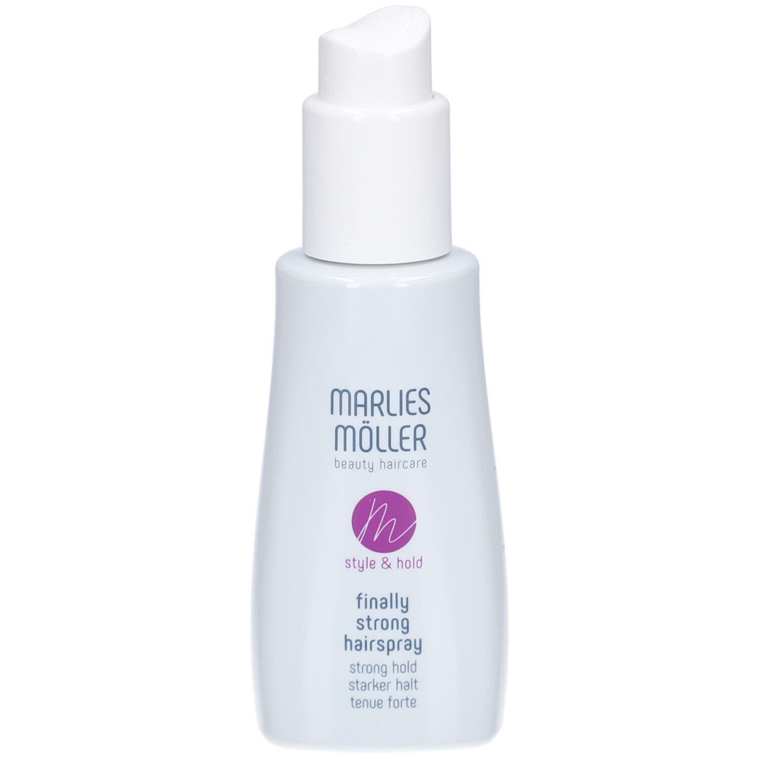 Weiße Haarspray-Flasche. Marlies Möller Logo und Produktbezeichnung. Rückseite mit Text.