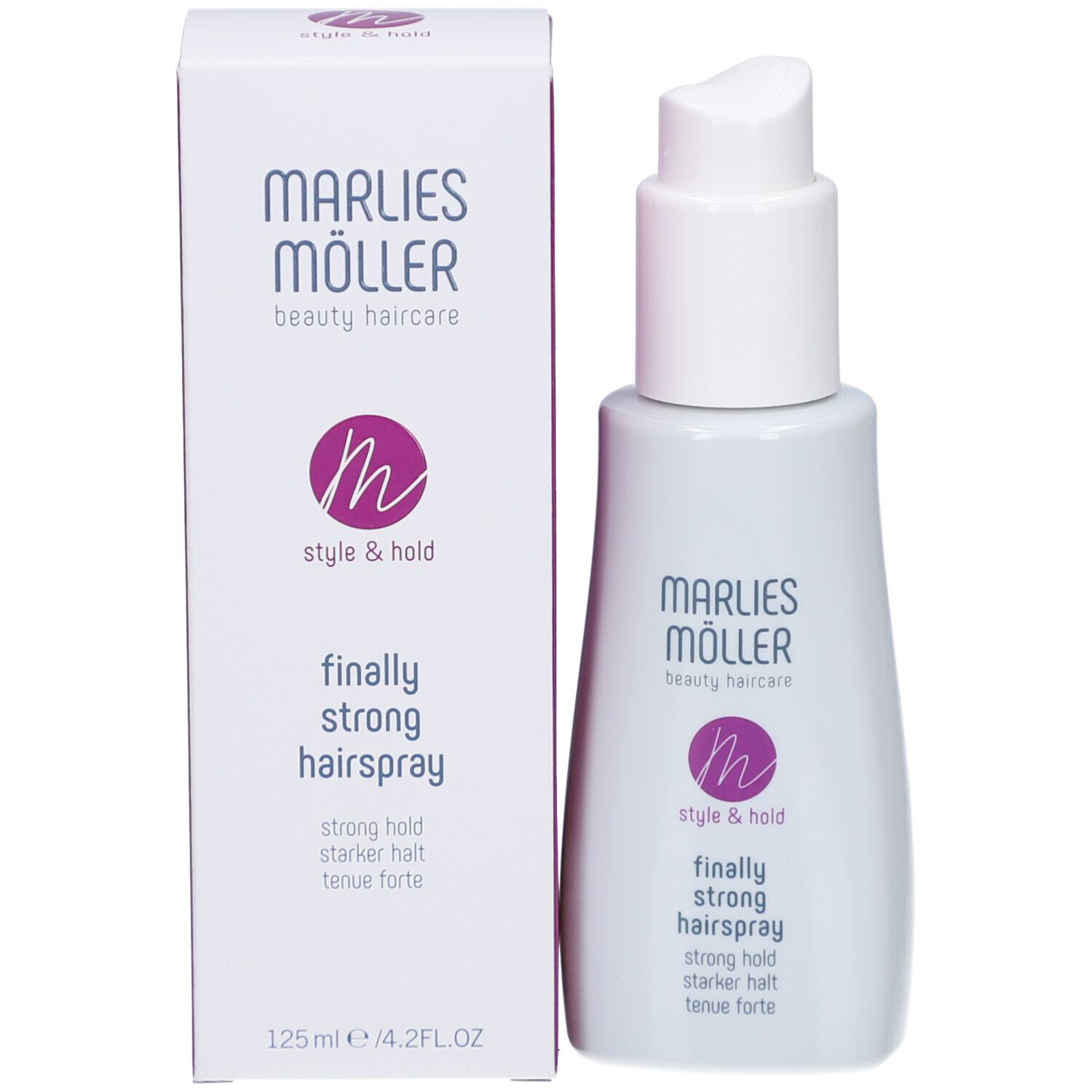 Haarspray-Flasche und Verpackung. Marlies Möller Logo und Produktbezeichnung. 125ml.