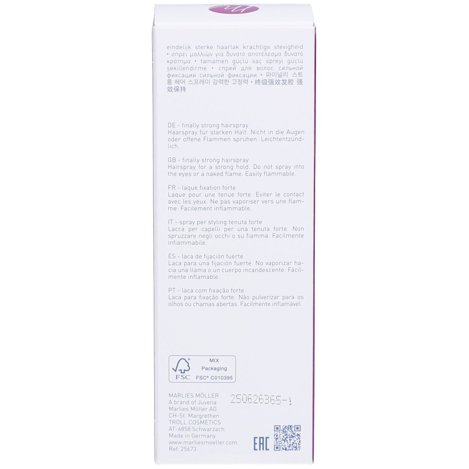 Verpackung. Lila. Rückseite mit Text. Marlies Möller Logo. Produktbezeichnung.