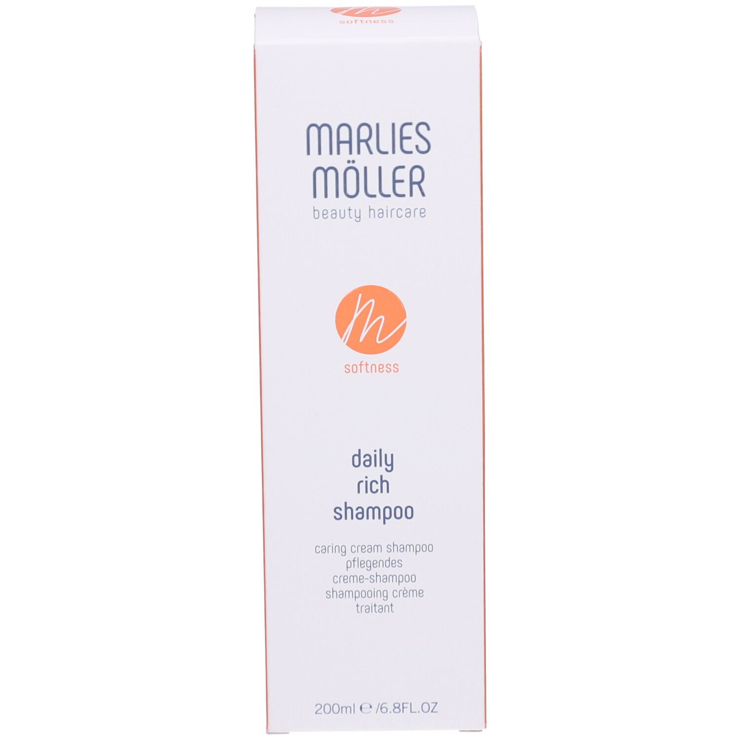 Verpackung Marlies Möller Daily Rich Shampoo. Aufschrift: Marlies Möller, beauty haircare, daily rich shampoo. Orangefarbenes Logo.