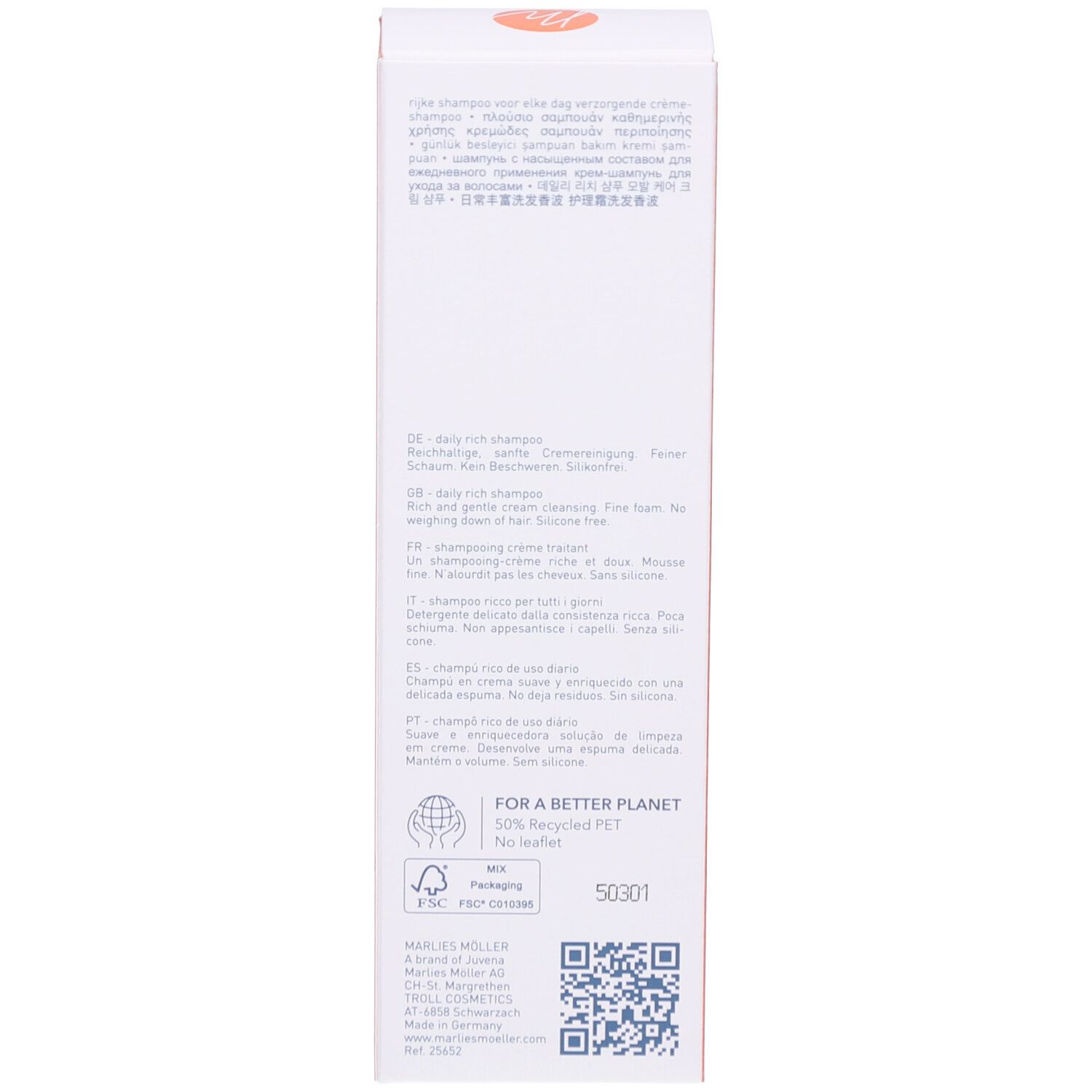 Rückseite der Verpackung Marlies Möller Daily Rich Shampoo. Text in mehreren Sprachen. QR-Code und Logo.