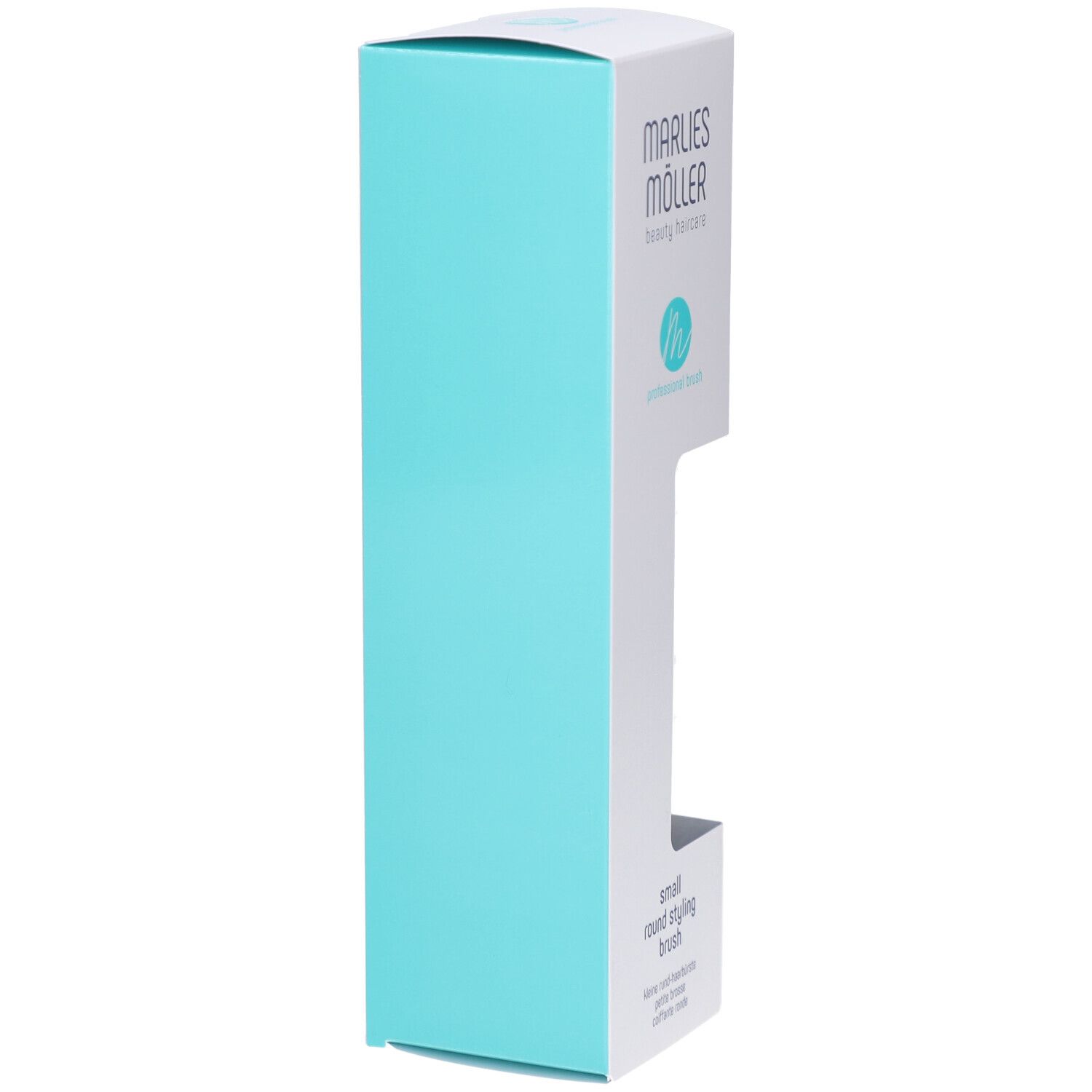 Verpackung der Rundbürste. Weiß-türkise Verpackung. Marke Marlies Möller. Seitliche Ansicht. Rechteckige Form.