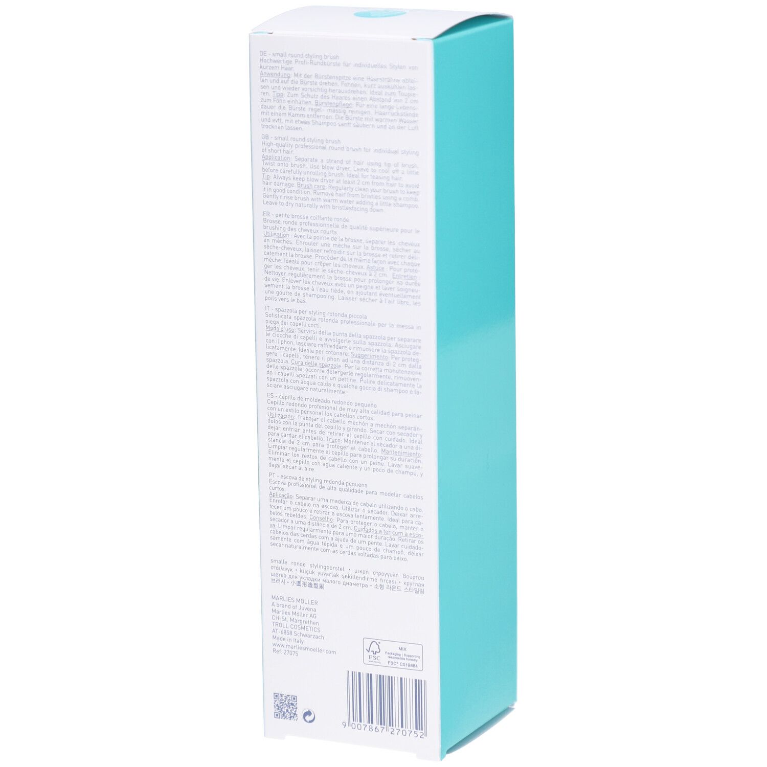 Rückseite der Verpackung. Text in mehreren Sprachen. Weiß-türkise Verpackung. Barcode und Logos.