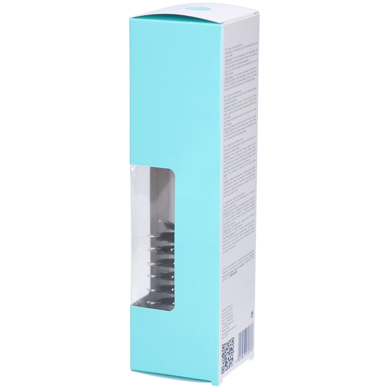 Verpackung, Seite mit Sichtfenster. Marke Marlies Möller. Türkis und weiß. Bürste sichtbar.