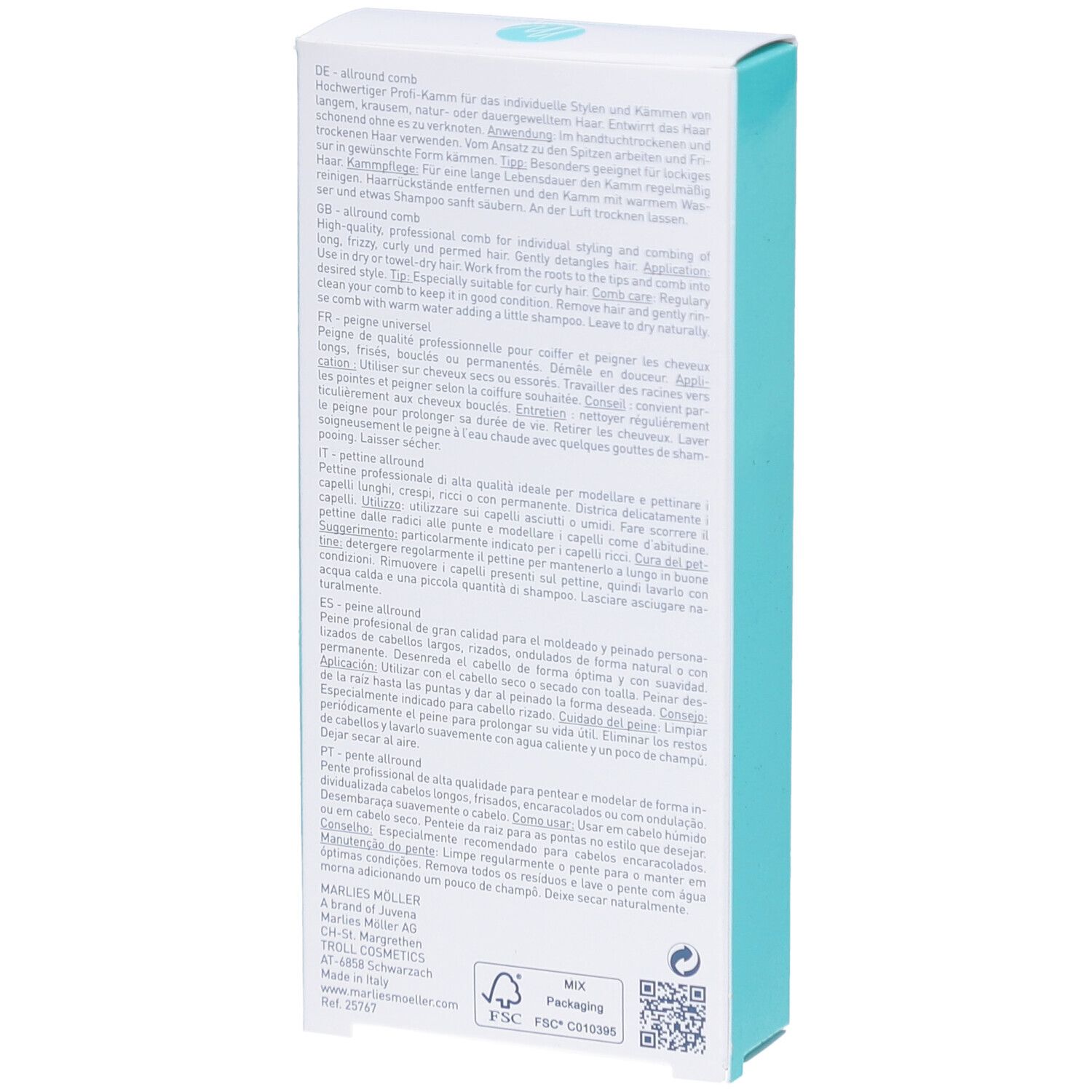 Holzkamm mit breiten Zinken. Auf der Verpackung steht "Marlies Möller".
