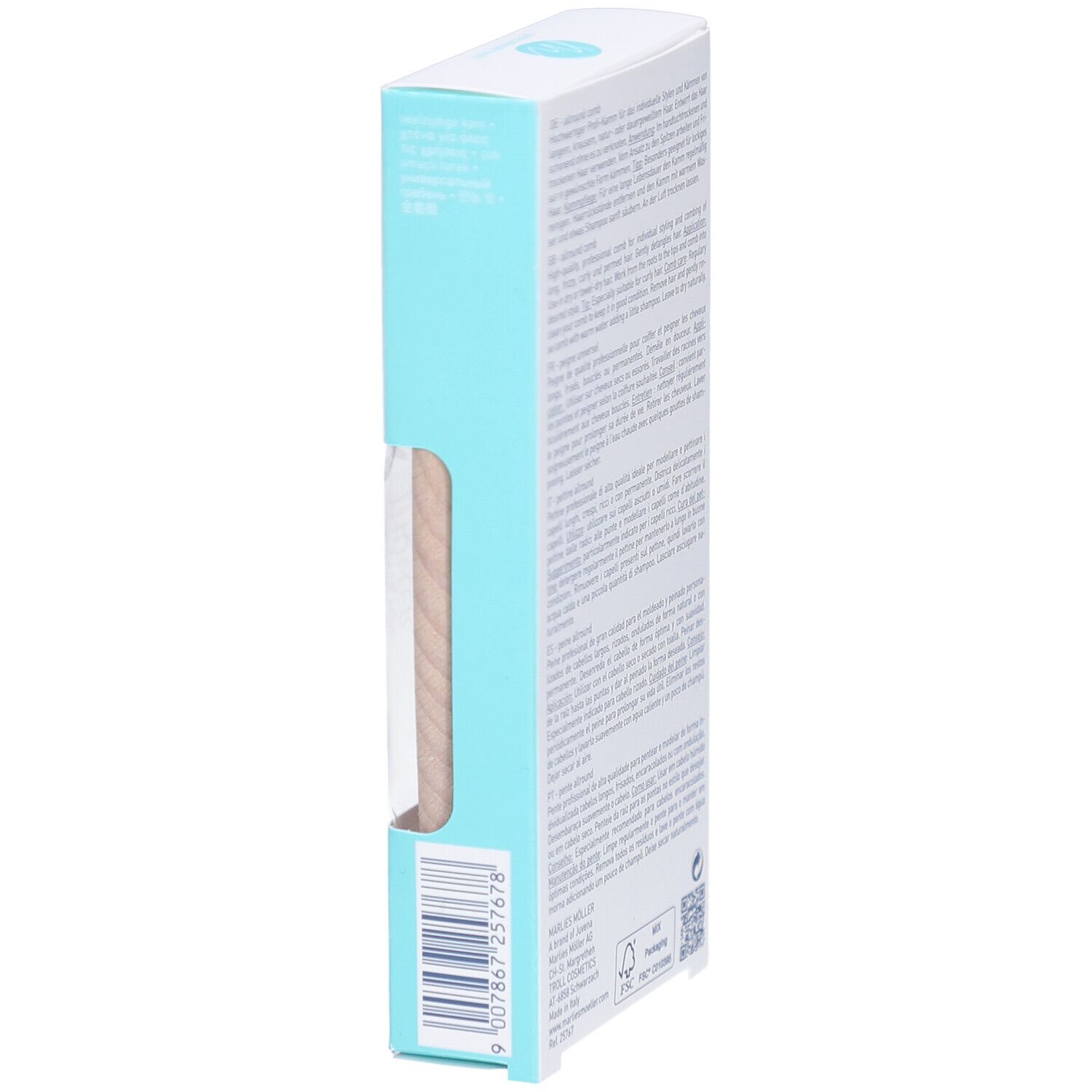 Seitenansicht der Produktverpackung. Der Holzkamm ist durch ein Fenster sichtbar.