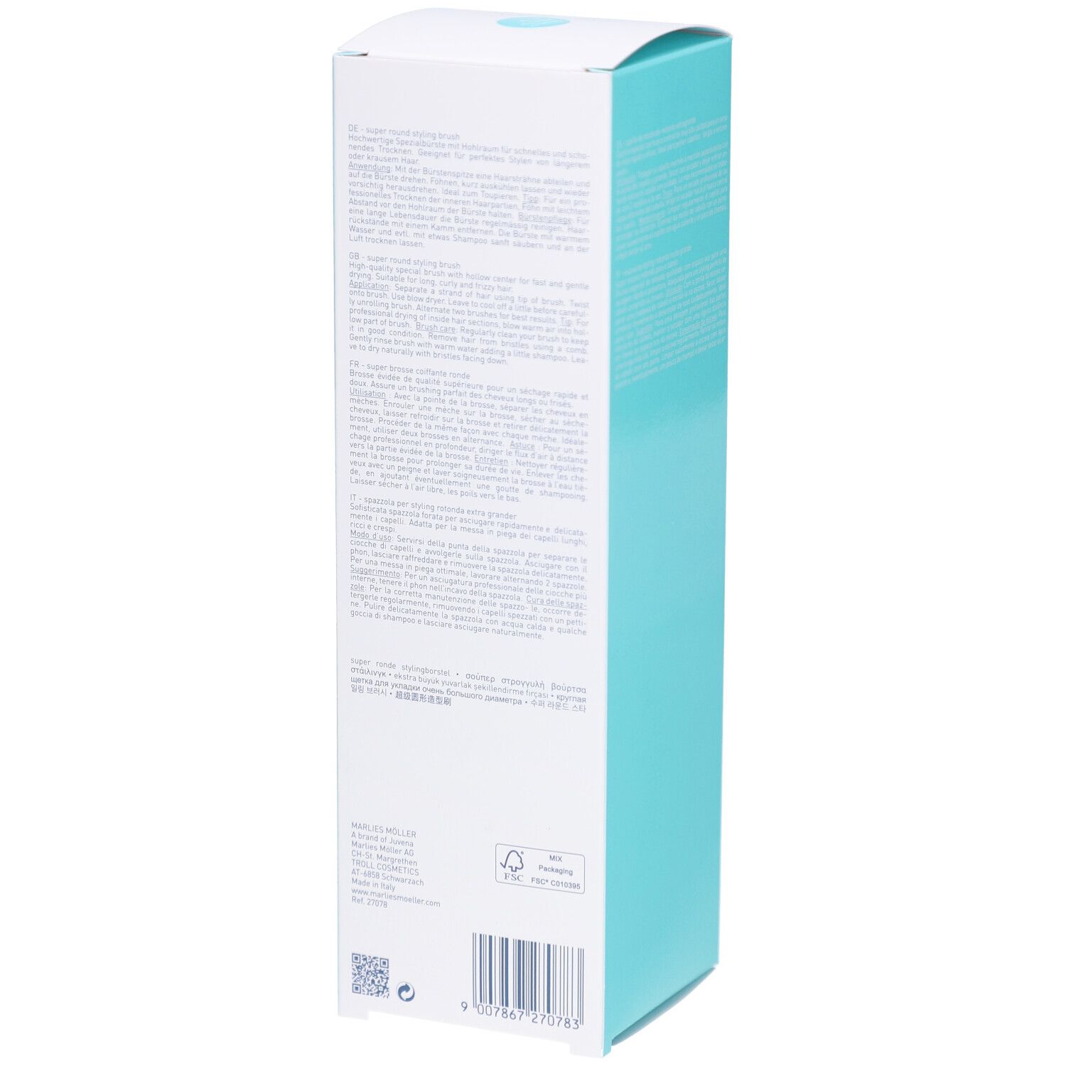 Rückseite der Verpackung der Marlies Möller Super Round Styling Brush. Text in verschiedenen Sprachen. Barcode und Logo.
