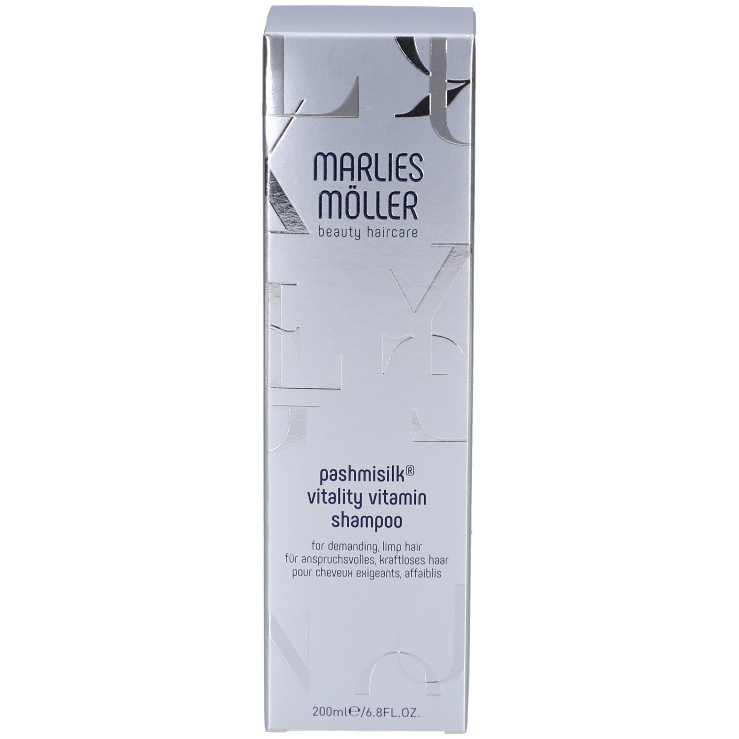 Seite der weißen Verpackung. Text in mehreren Sprachen. Logo: Hair & Root beauty complex.