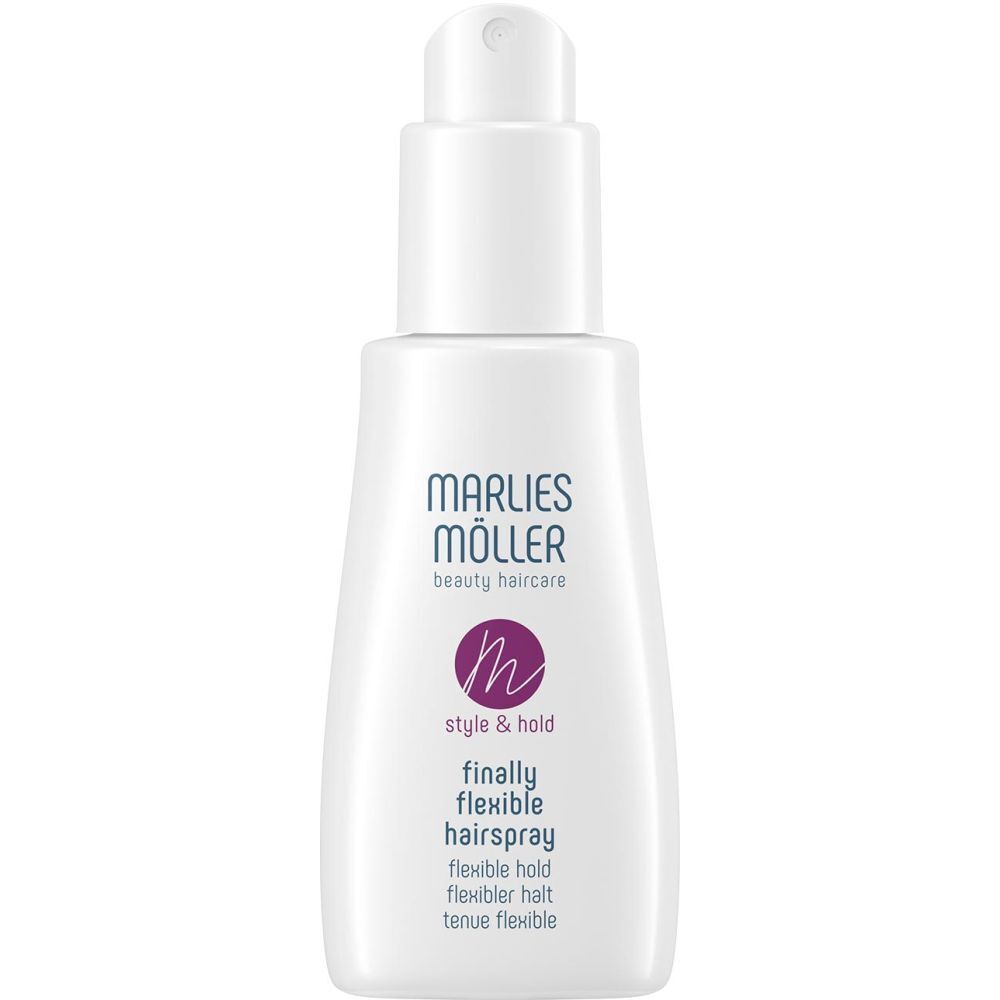 Weiße Flasche mit Sprühkopf. Aufschrift: Marlies Möller, Style & Hold, finally flexible hairspray.