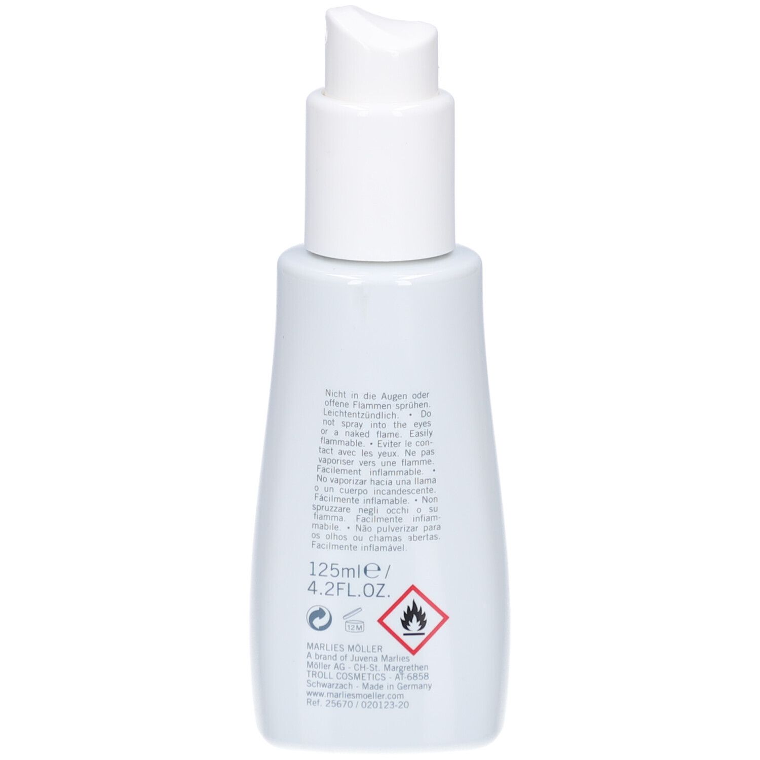 Rückseite der weißen Flasche. Text: 125ml, Warnhinweis. Aufschrift: Marlies Möller.
