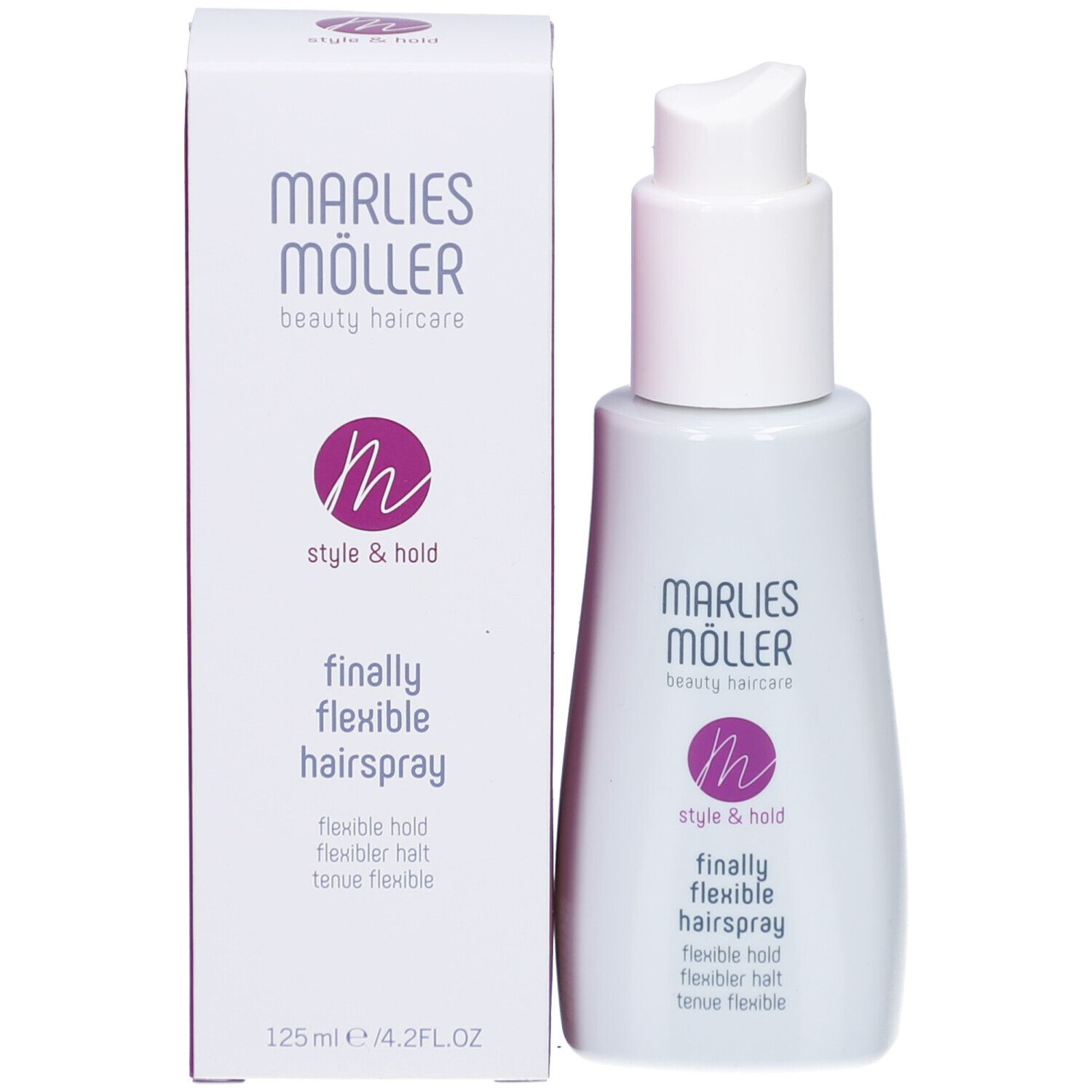 Produkt mit Verpackung. Aufschrift: Marlies Möller, Style & Hold, finally flexible hairspray, 125ml.