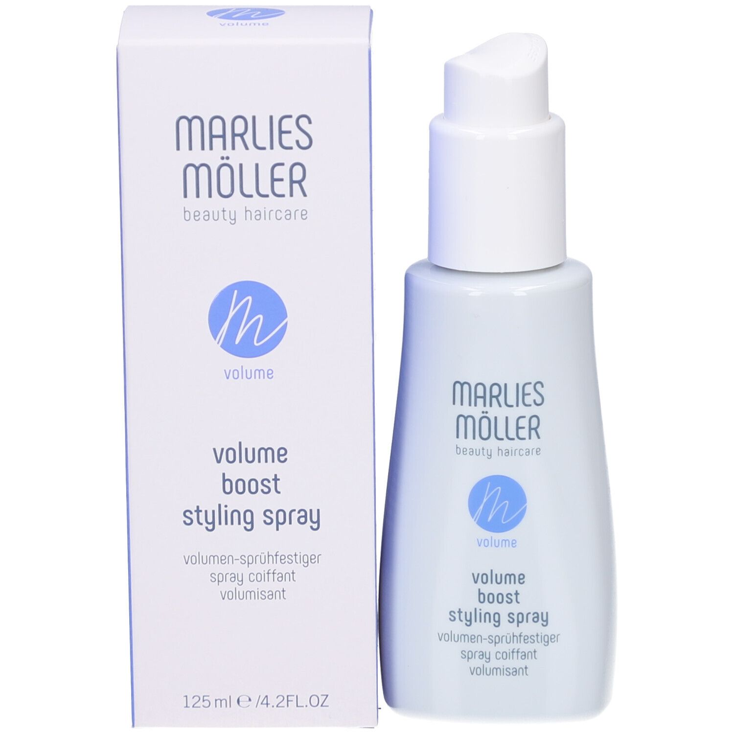 Spray und Schachtel von Marlies Möller. Text: Volume Boost Styling Spray.