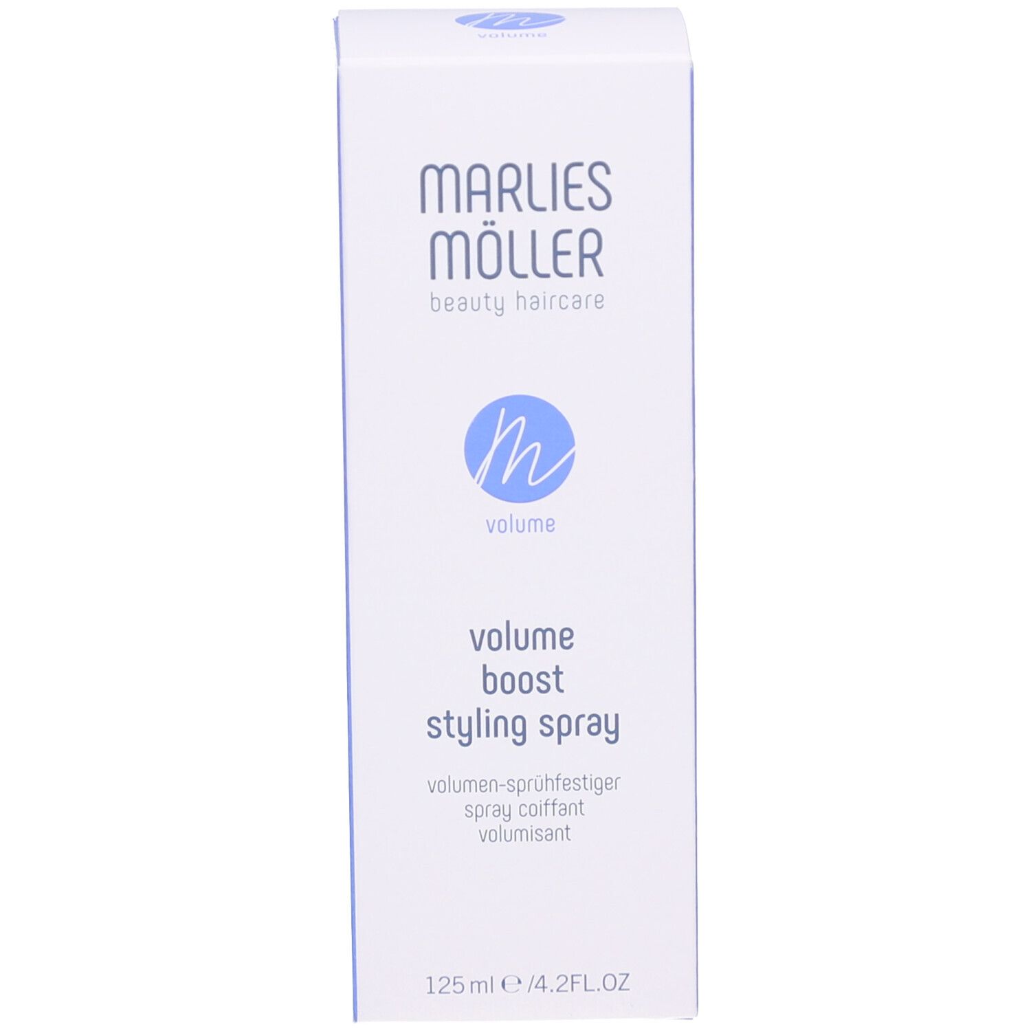 Weiße Schachtel von Marlies Möller. Text: Volume Boost Styling Spray.