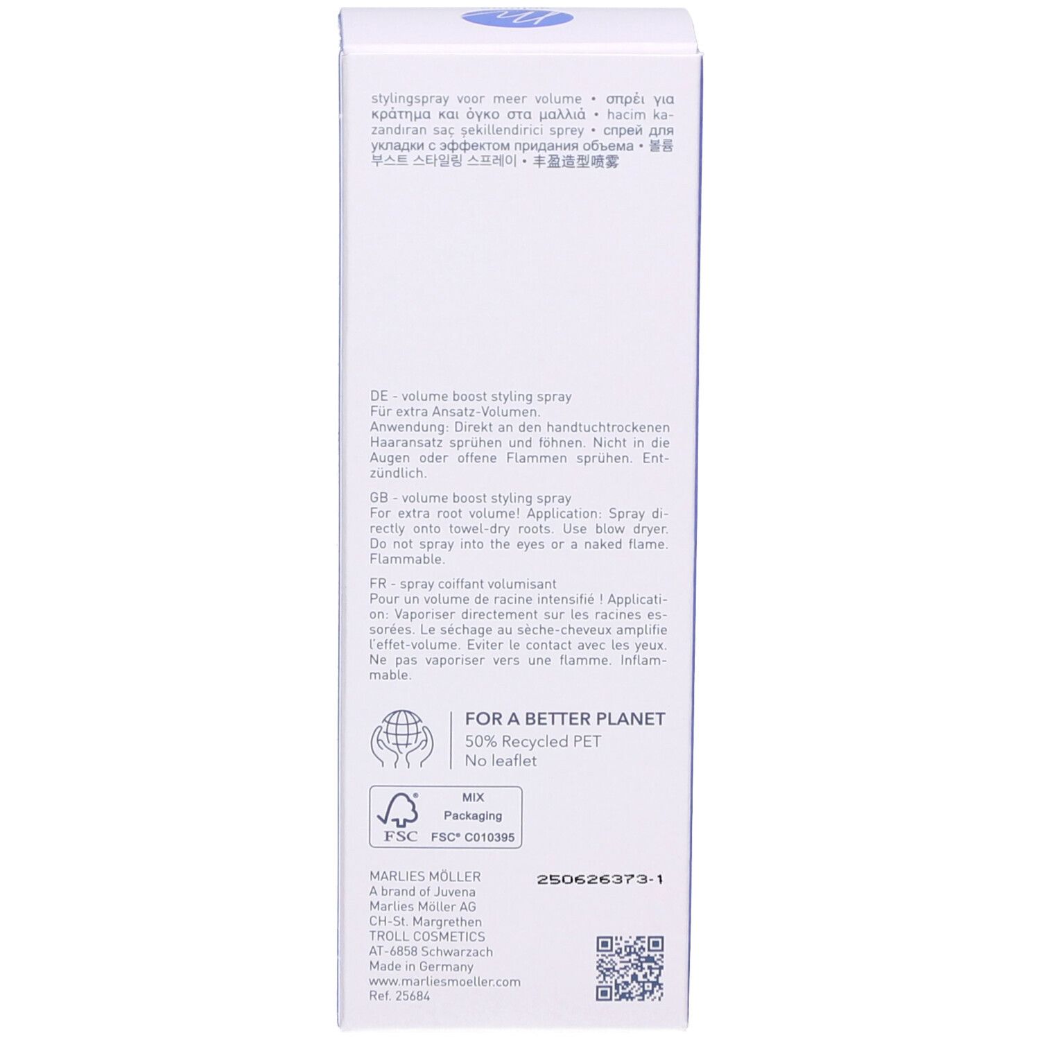 Rückseite der blauen Schachtel. Text: Volume Boost Styling Spray.