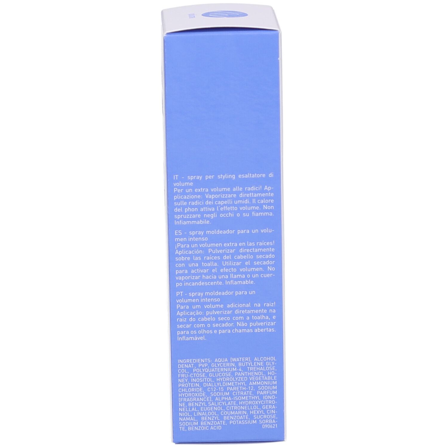 Seite der blauen Schachtel. Text: Volume Boost Styling Spray.
