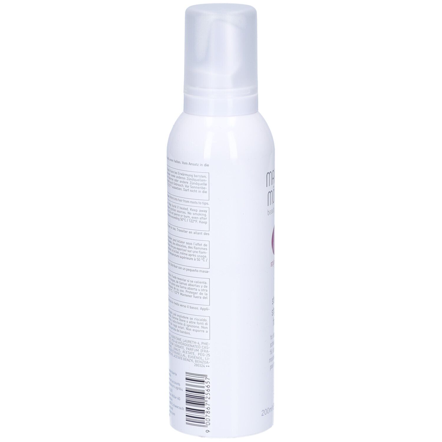 Weiße Flasche, Rückseite. Text. Aufschrift: Marlies Möller, Style & Hold, Strong Styling Foam. 200ml.