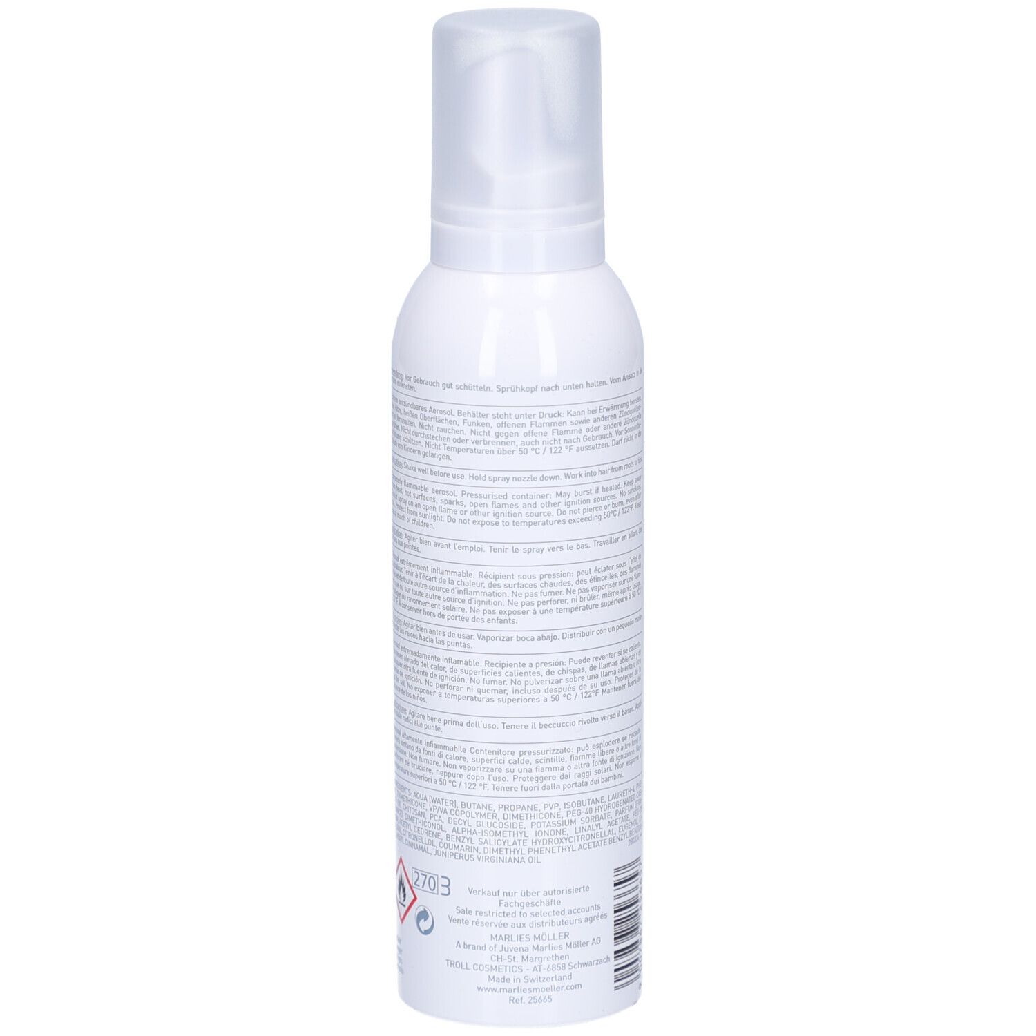 Weiße Flasche, Rückseite. Text. Aufschrift: Marlies Möller, Style & Hold, Strong Styling Foam. 200ml.