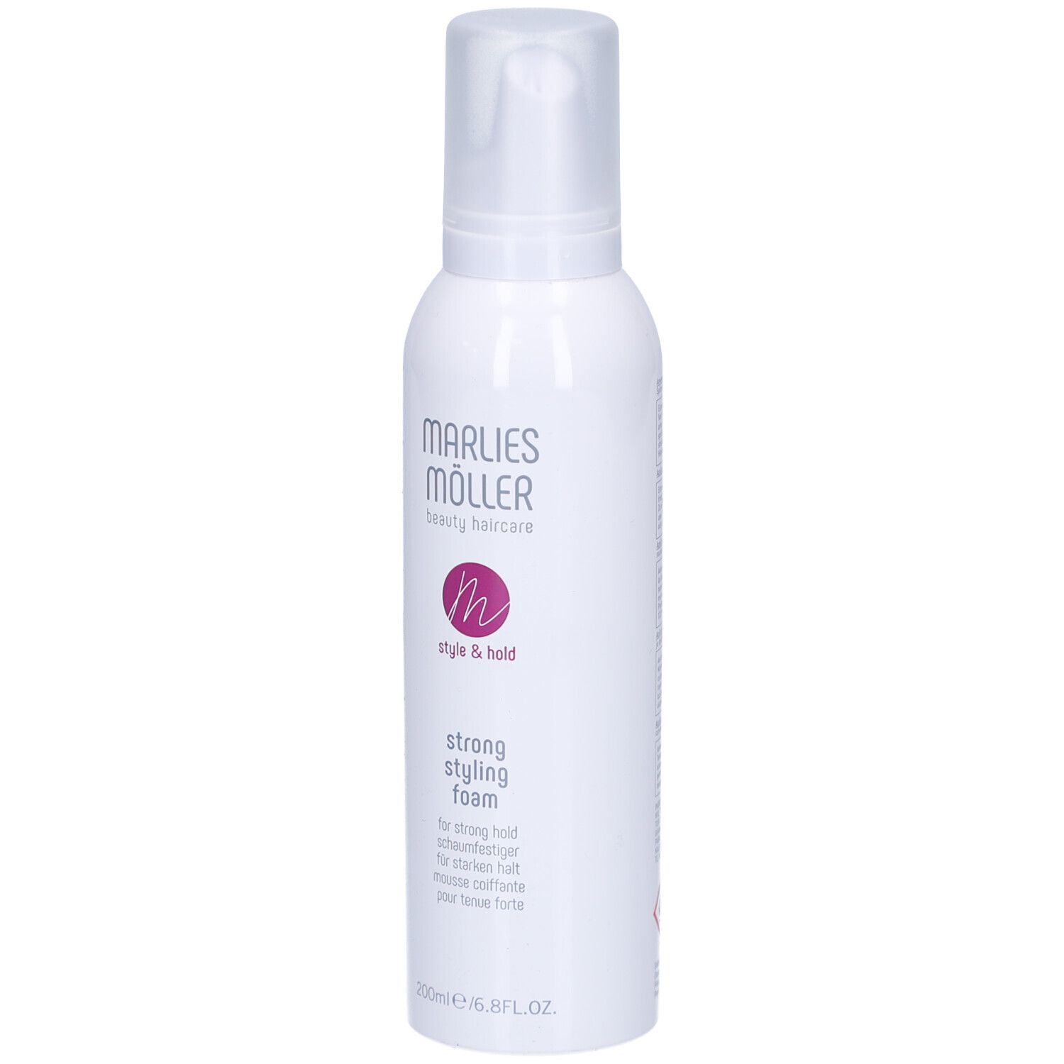 Weiße Flasche mit Sprühkopf. Aufschrift: Marlies Möller, Style & Hold, Strong Styling Foam. 200ml.