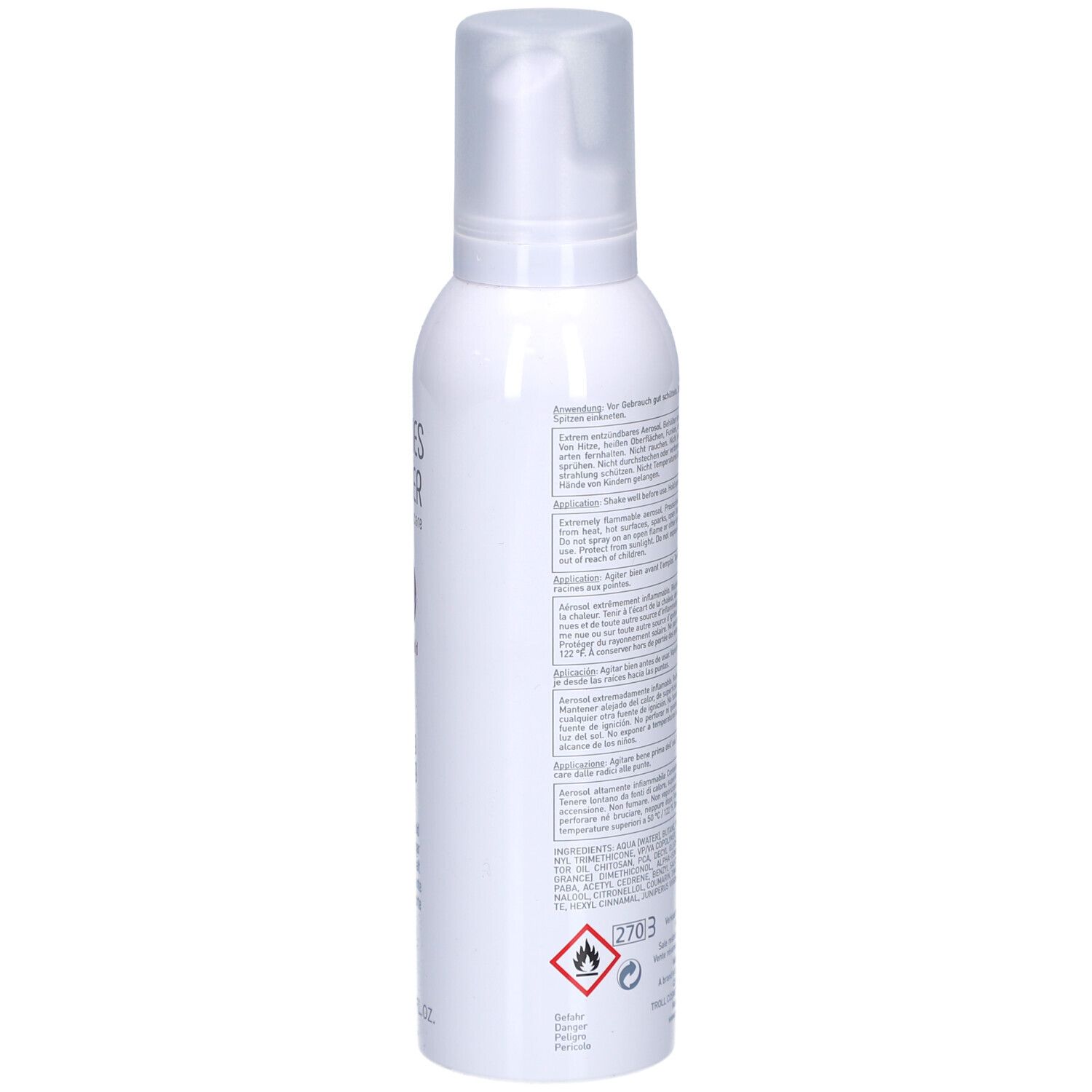 Weiße Flasche, Rückseite. Text. Aufschrift: Marlies Möller, Style & Hold, Strong Styling Foam. 200ml.