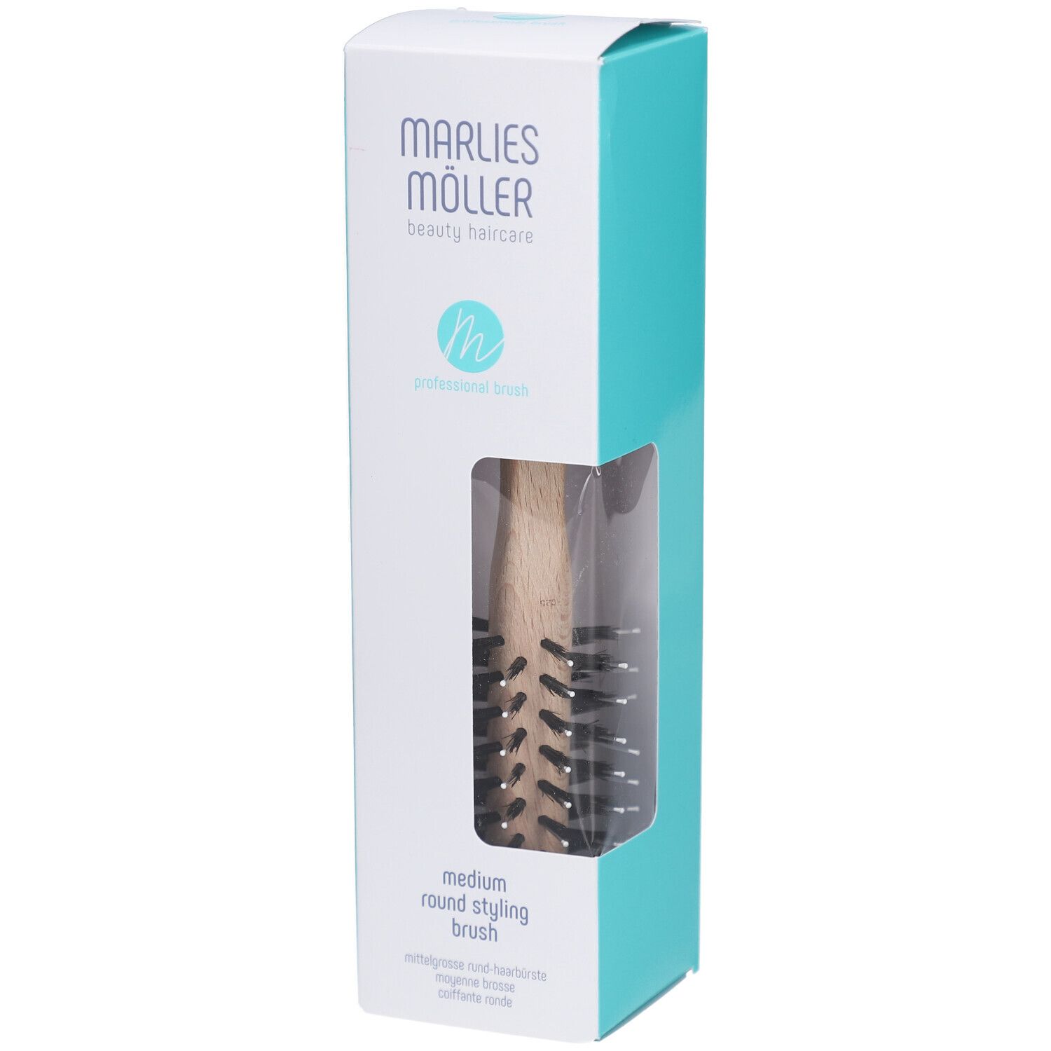 Verpackung der Stylingbürste. Weiß-türkis. MARLIES MÖLLER, medium round styling brush.