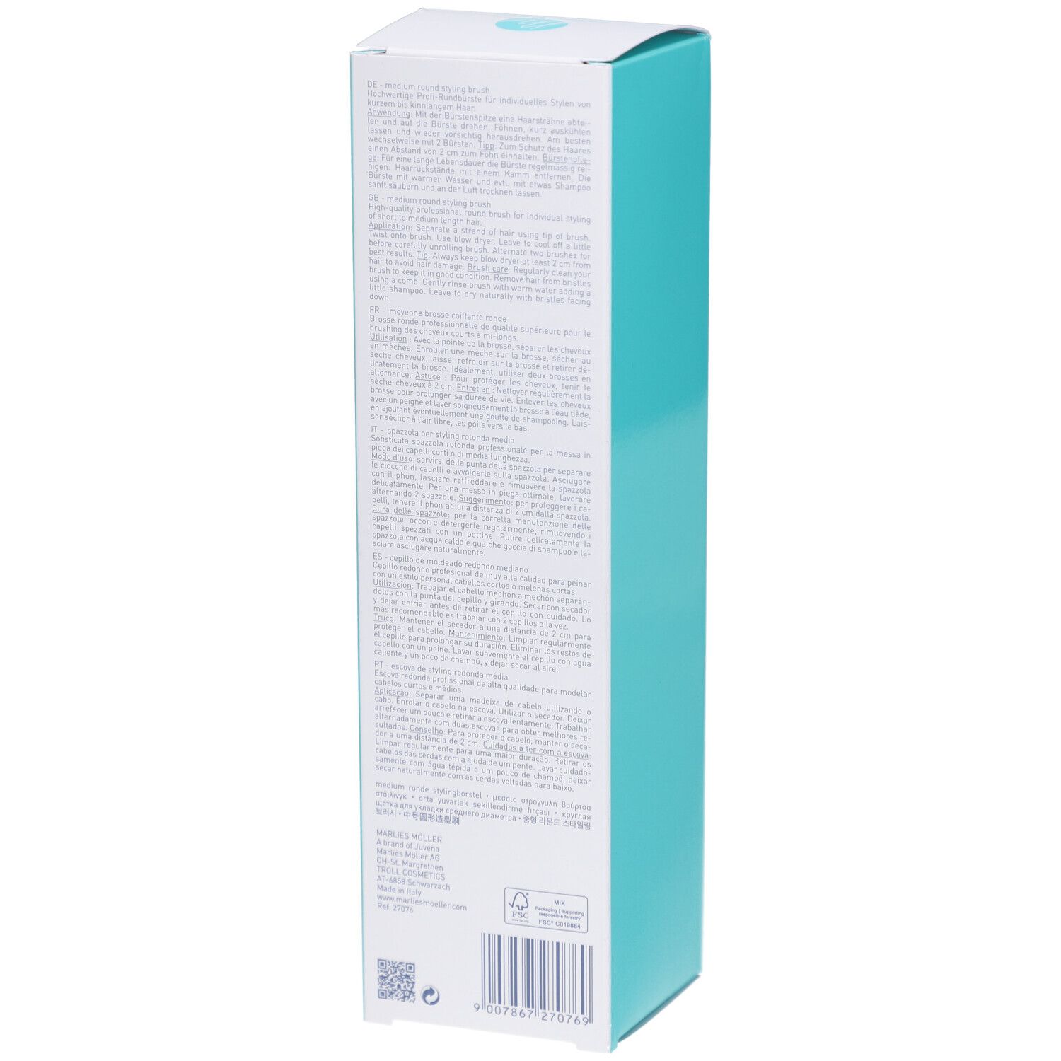 Rückseite der Verpackung. Text in mehreren Sprachen. MARLIES MÖLLER, medium round styling brush.