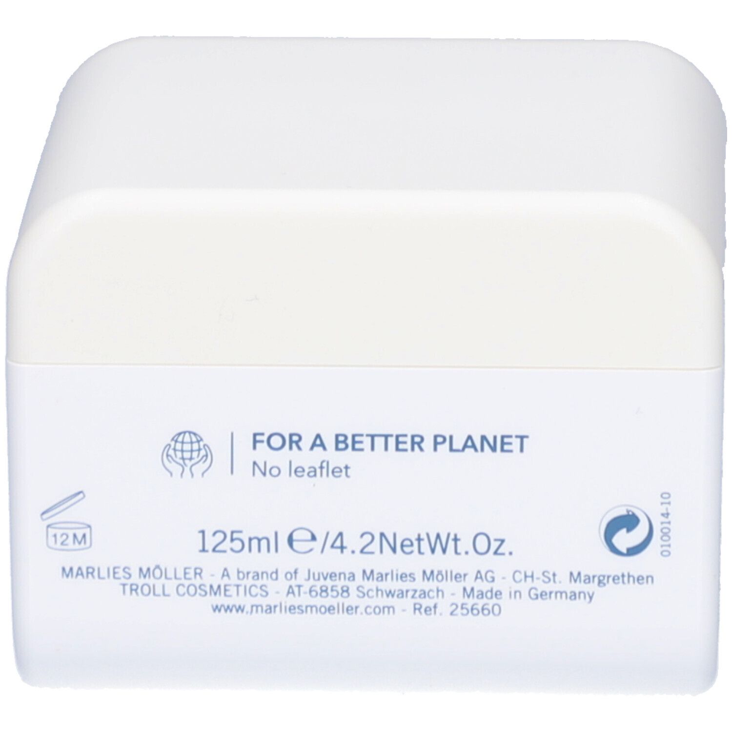 Rückseite der weißen Dose mit Text. Informationen zu Hersteller und Inhaltsstoffen.