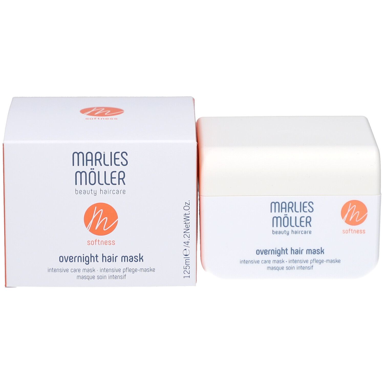 Weiße Dose mit Marlies Möller Logo und Schriftzug. Aufschrift: Overnight Hair Mask. Orangefarbenes Logo.
