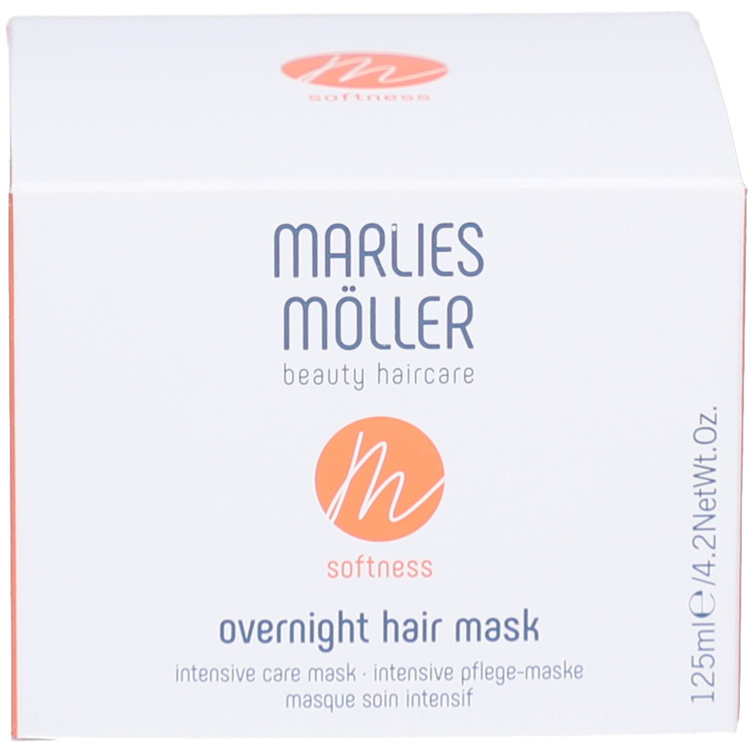 Weiße Dose und Schachtel mit Marlies Möller Logo und Schriftzug. Aufschrift: Overnight Hair Mask.