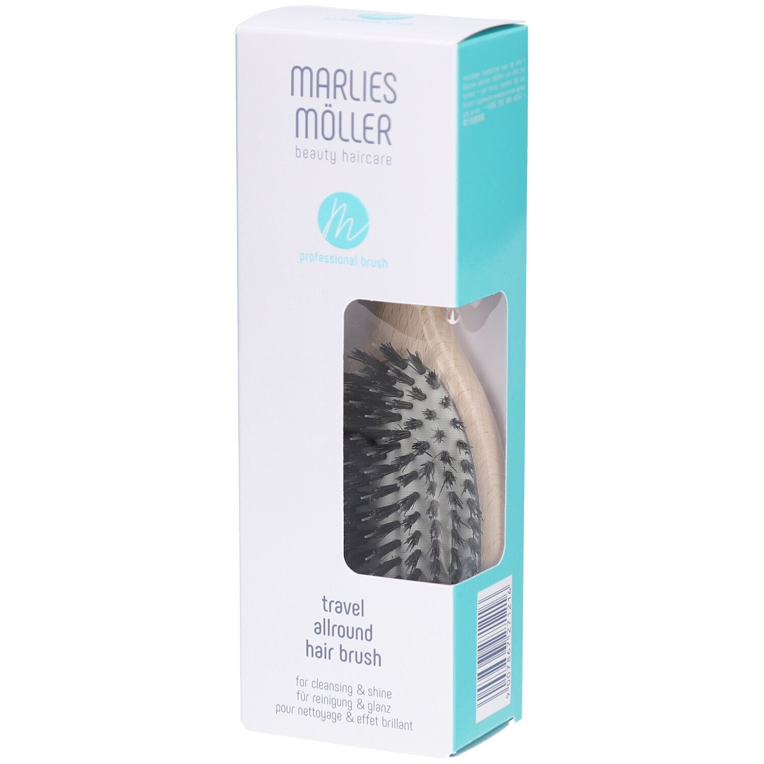 Verpackung mit Haarbürste. Marke Marlies Möller. Weiß-türkis. Sichtfenster. Aufschrift: travel allround hair brush.