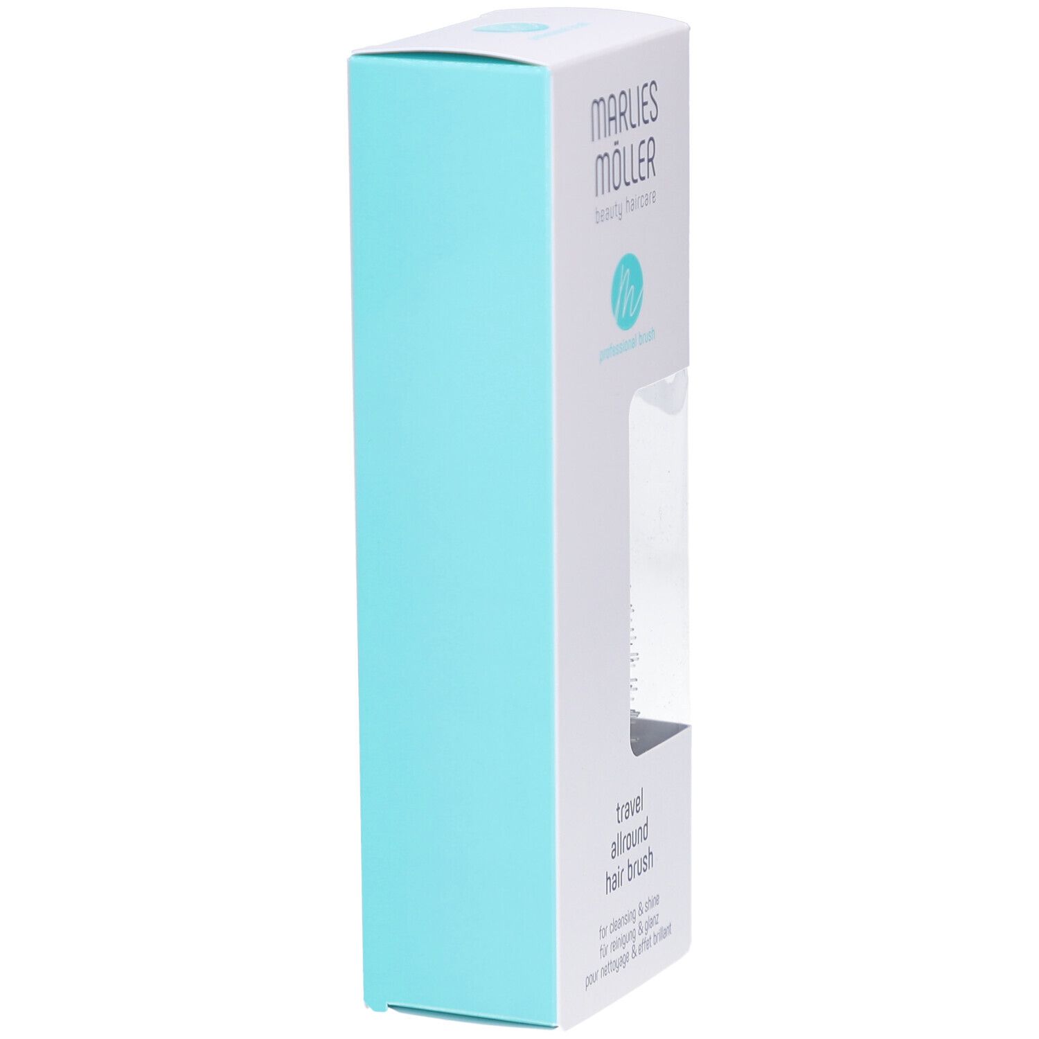 Verpackung, weiß-türkis. Marke Marlies Möller. Aufschrift: travel allround hair brush. Sichtfenster.