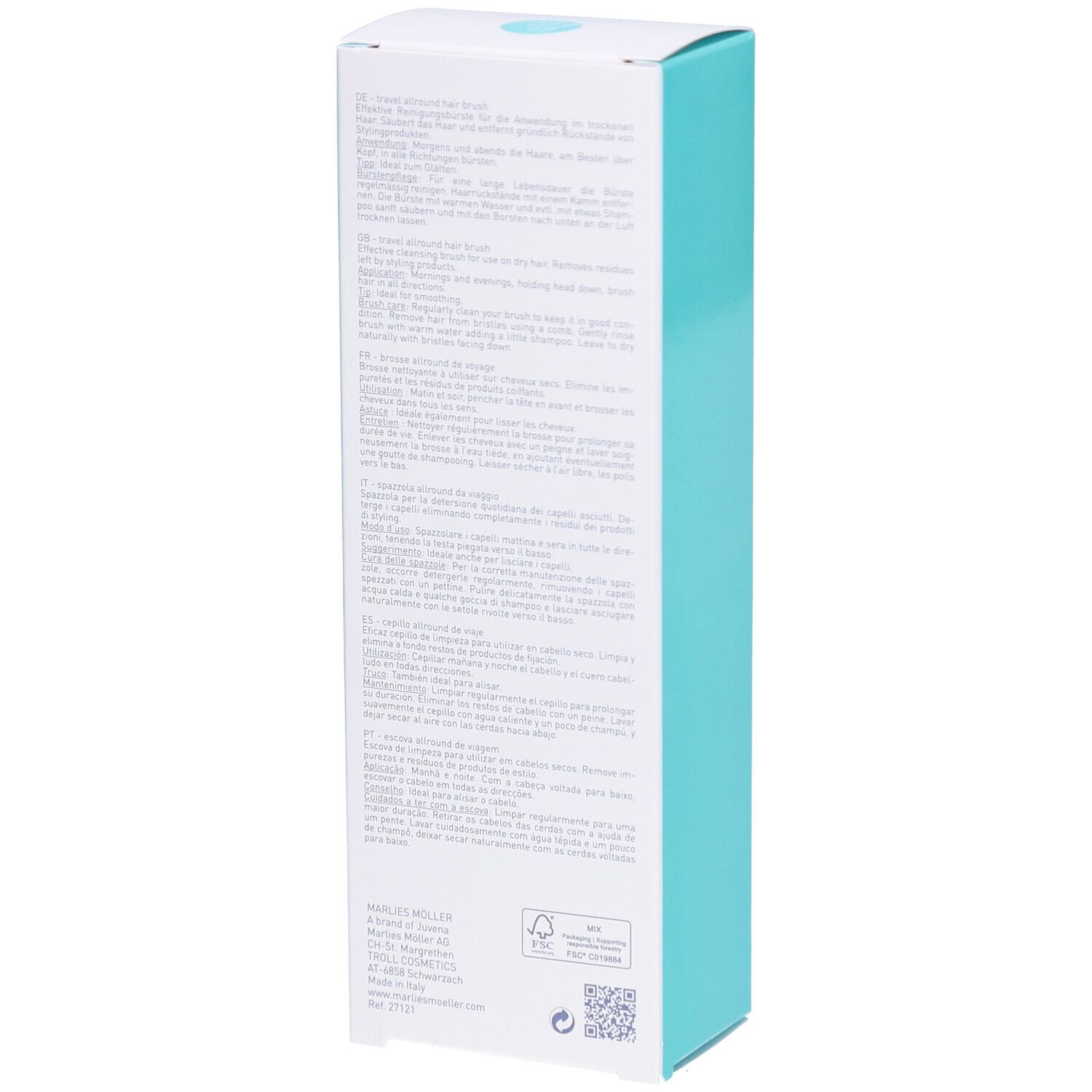 Rückseite der Verpackung. Text in mehreren Sprachen. Marke Marlies Möller. Türkis-weiß.