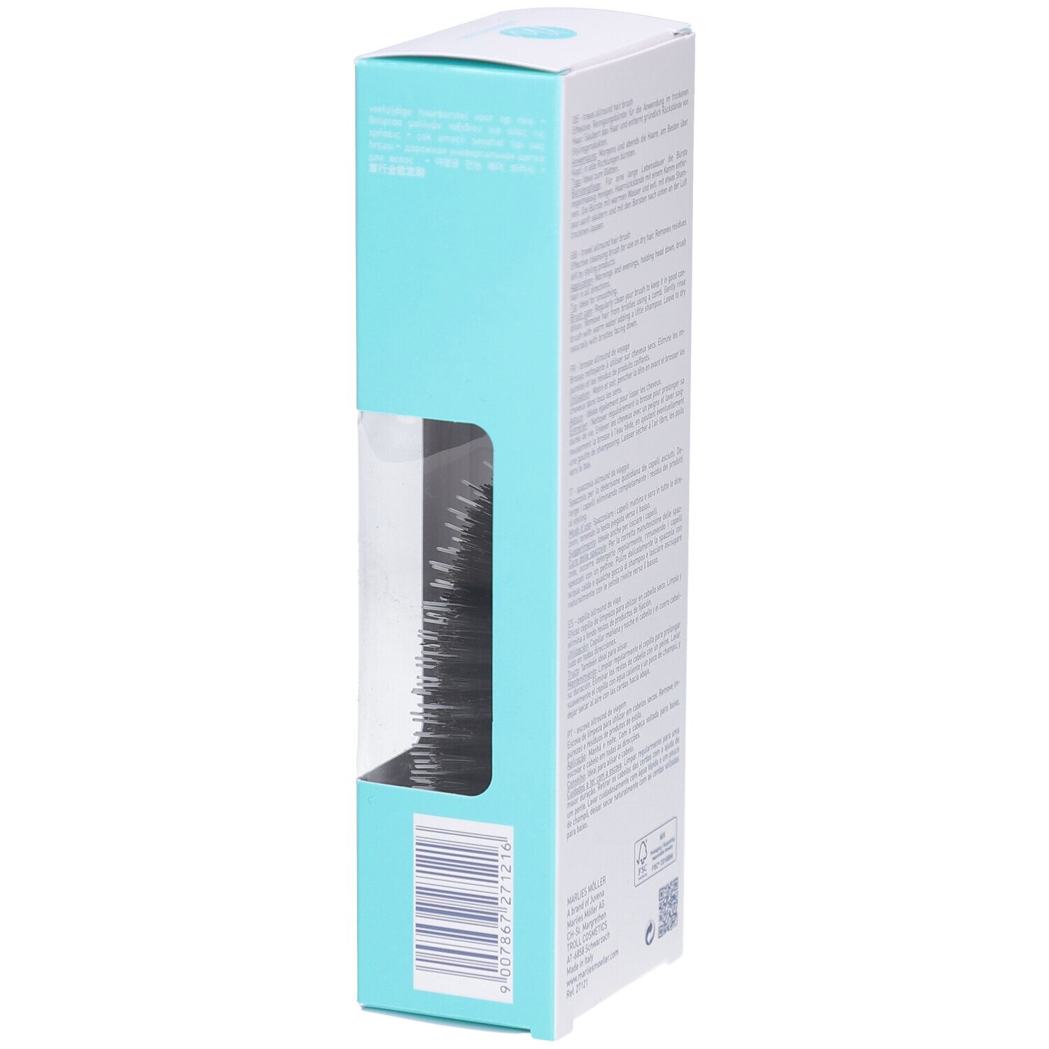 Verpackung, weiß-türkis. Marke Marlies Möller. Sichtfenster. Haarbürste sichtbar.