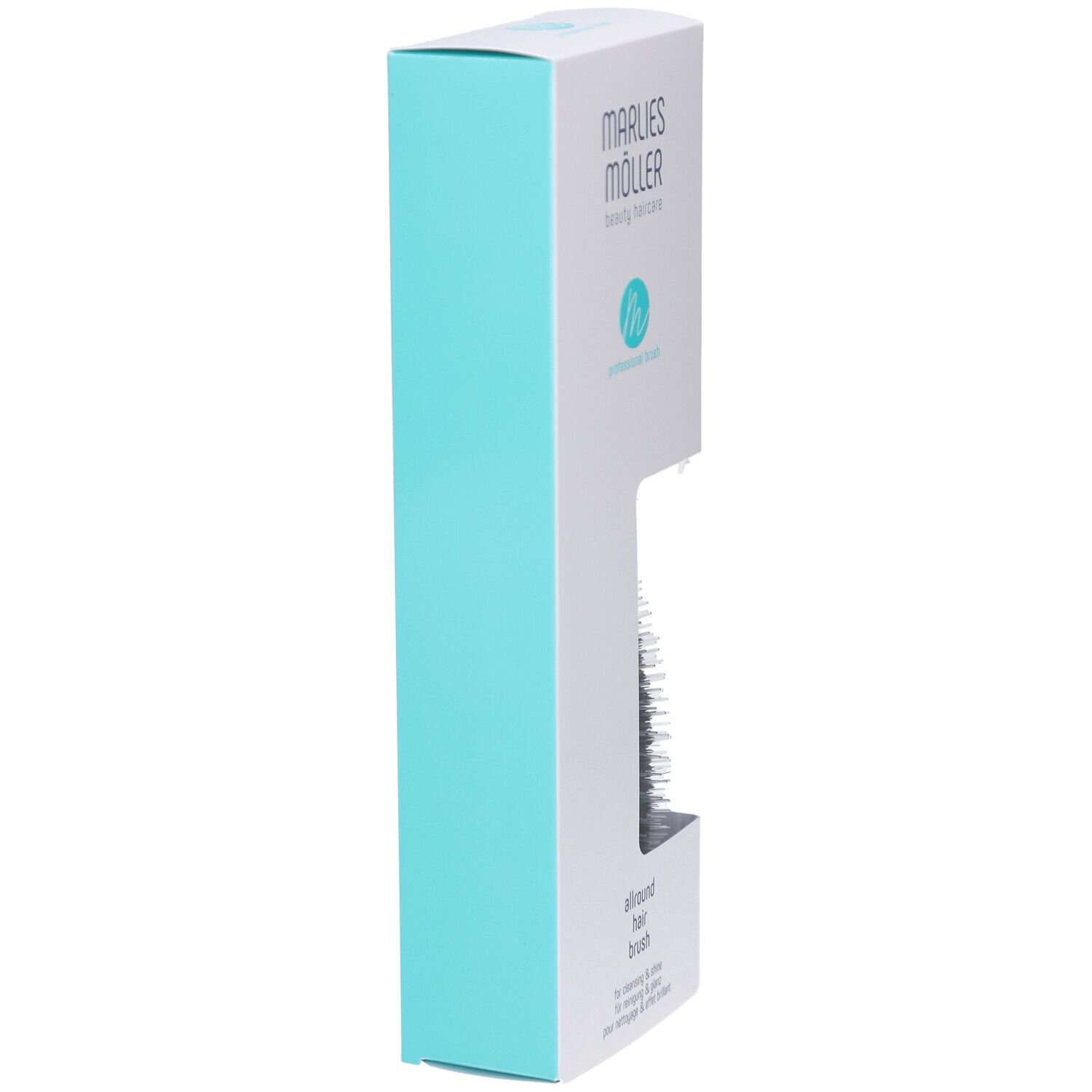 Seitenansicht der Verpackung. Weißer Karton mit türkisfarbenem Streifen. Produktname und Logo sind sichtbar.