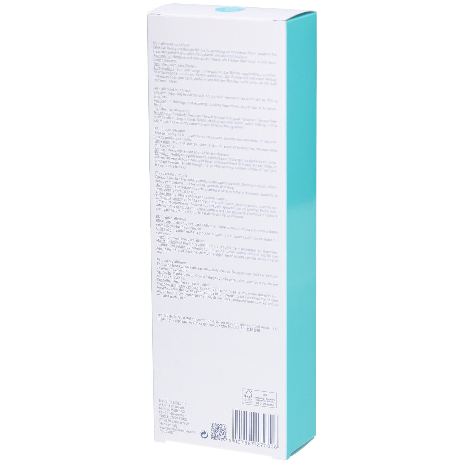 Rückseite der Verpackung. Weißer Karton mit Text und Barcode. Türkisfarbener Streifen.