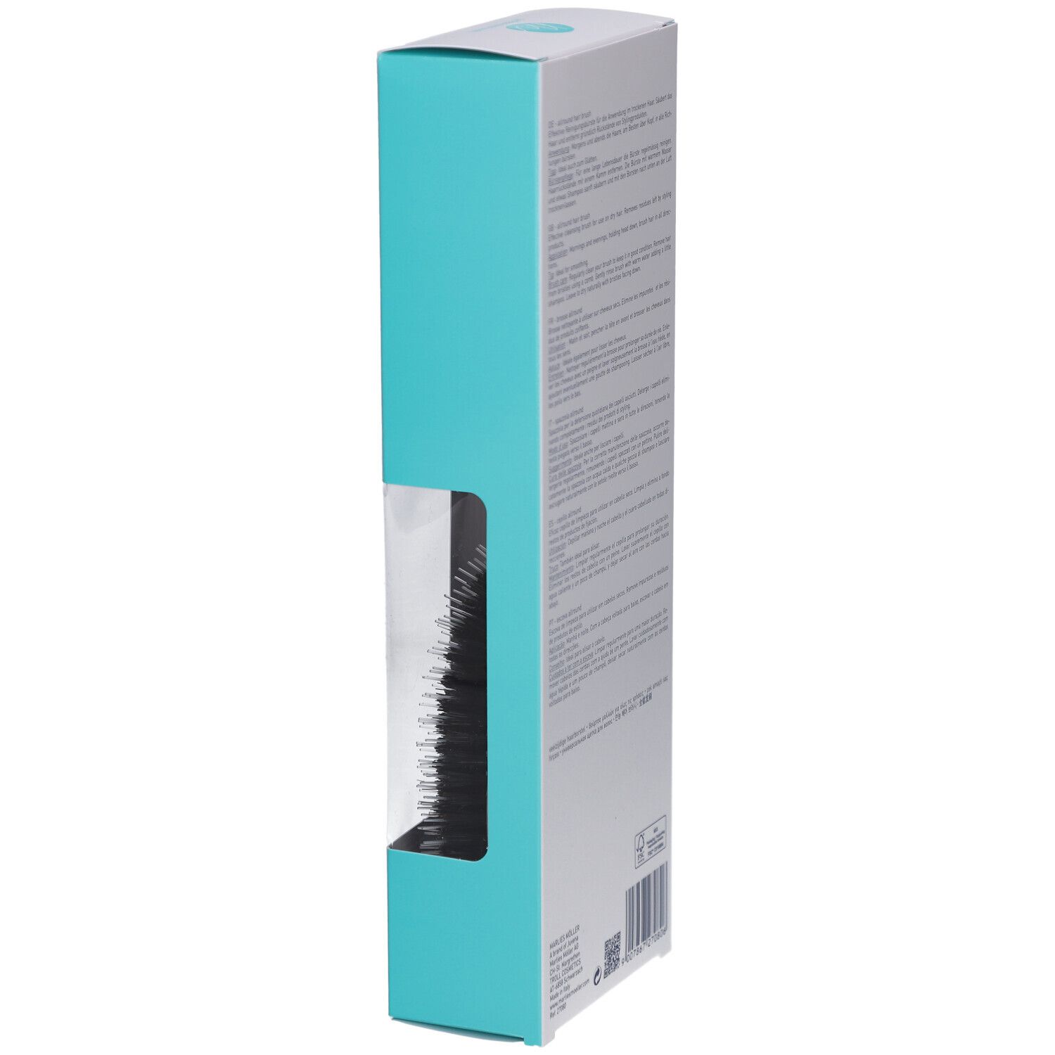 Seitenansicht der Verpackung. Weißer Karton mit türkisfarbenem Streifen. Sichtfenster zeigt die Bürste.