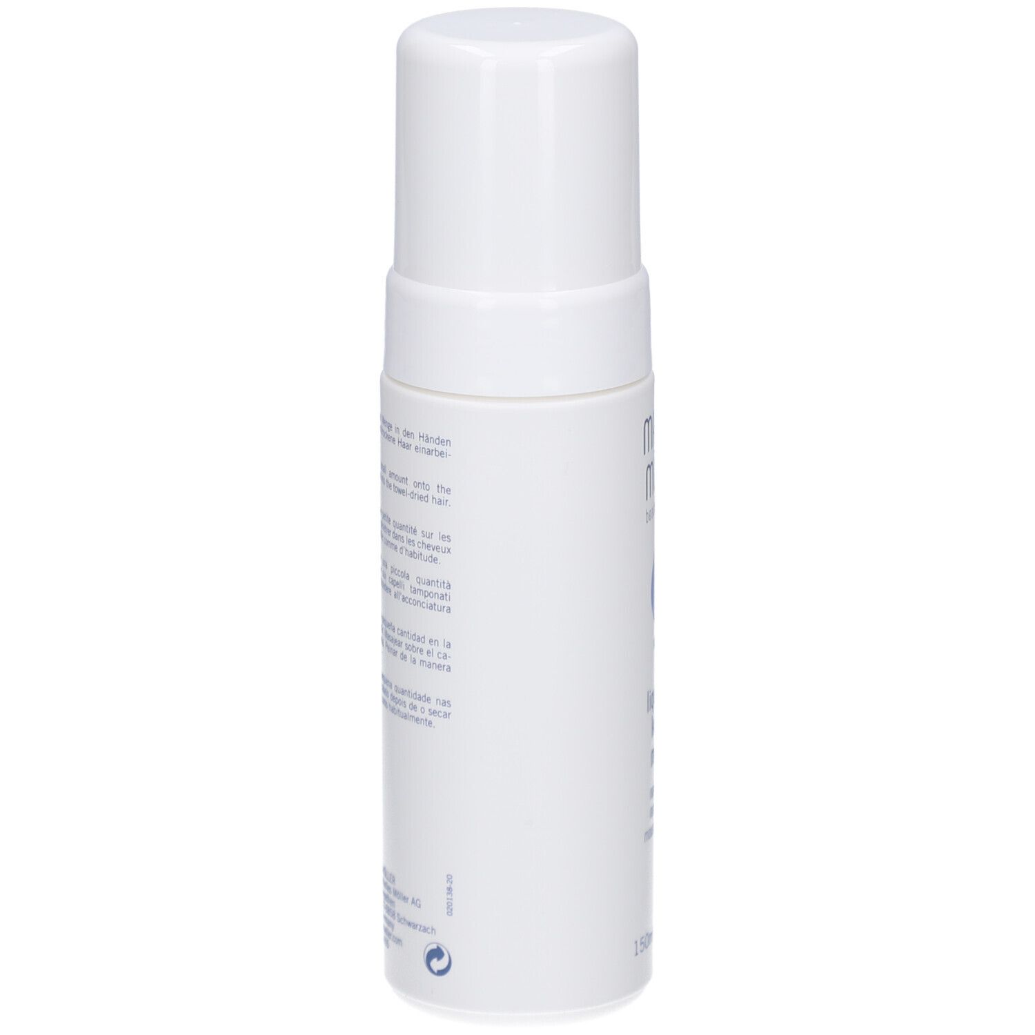 Weiße Flasche mit Sprühkopf. Aufschrift: Marlies Möller, beauty haircare, Volume, Liquid Hair Keratin Mousse. Rückseite mit Text.