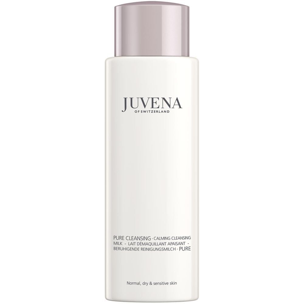 Weisse Flasche mit rosafarbenem Deckel. Aufschrift: Juvena of Switzerland. Text: Pure Cleansing Milk.
