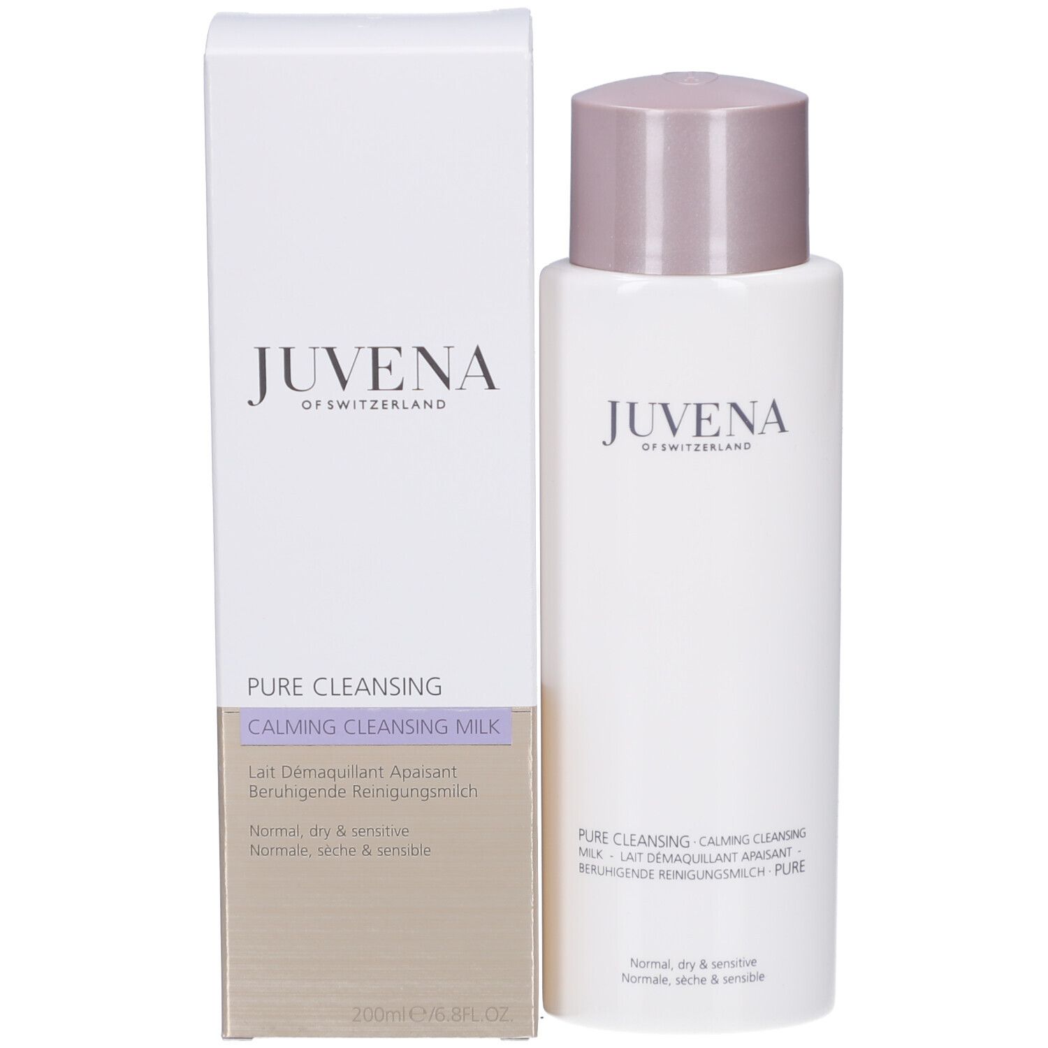 Produkt und Verpackung. Weisse Flasche und Schachtel. Juvena-Logo. Text: Pure Cleansing Milk.