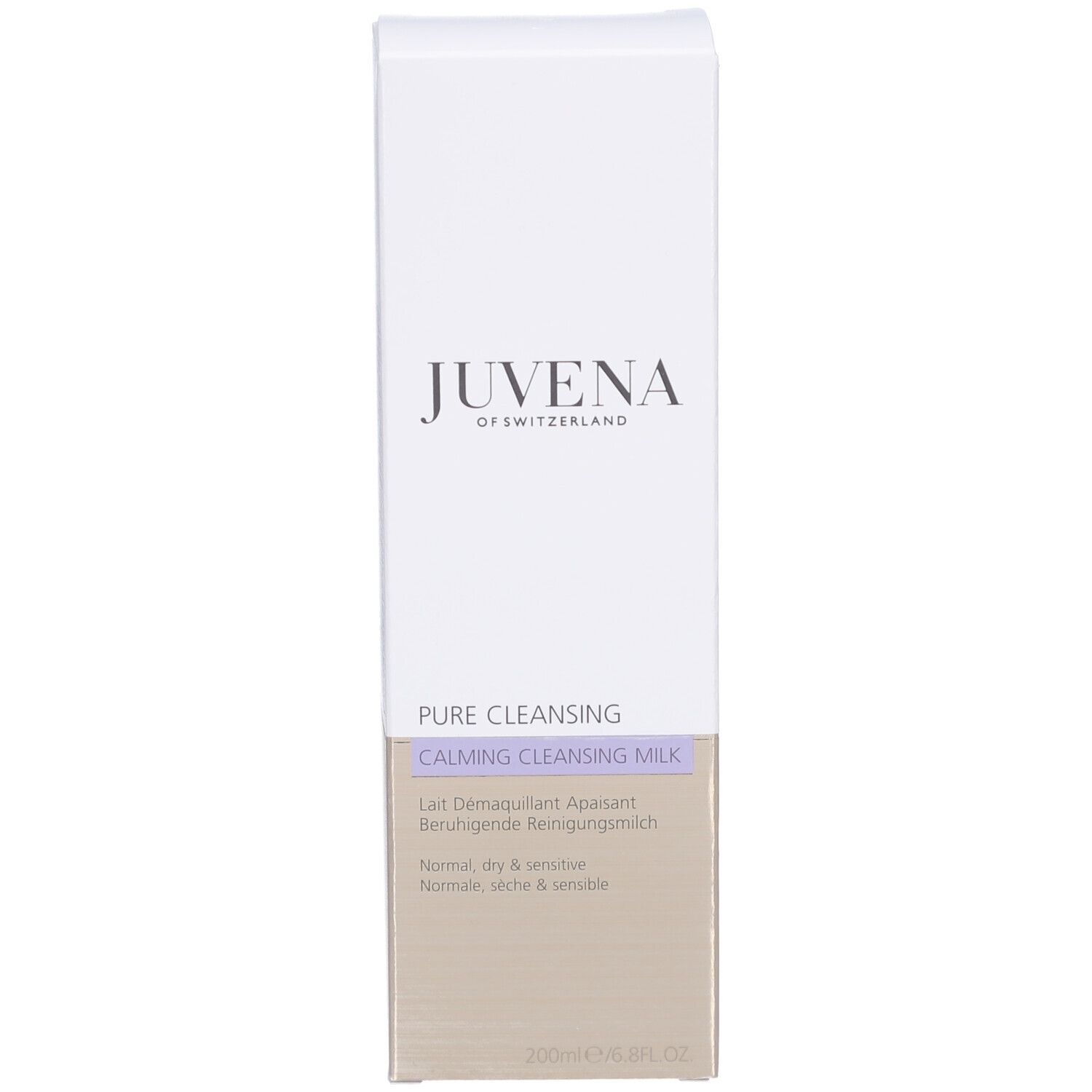 Weisse Schachtel mit Juvena-Logo. Text: Pure Cleansing Milk. Für normale, trockene Haut.