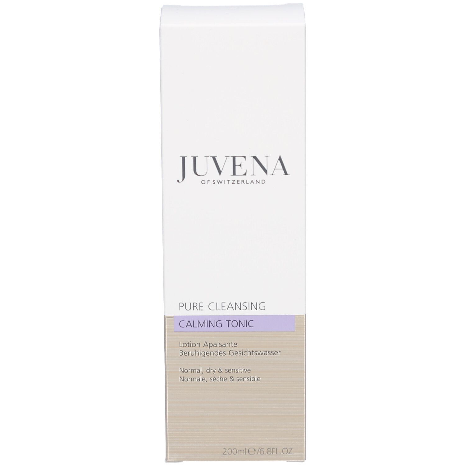 Verpackung. Aufschrift: Juvena. Text: Pure Cleansing, Calming Tonic. Volumenangabe: 200ml/6.8FL.OZ.
